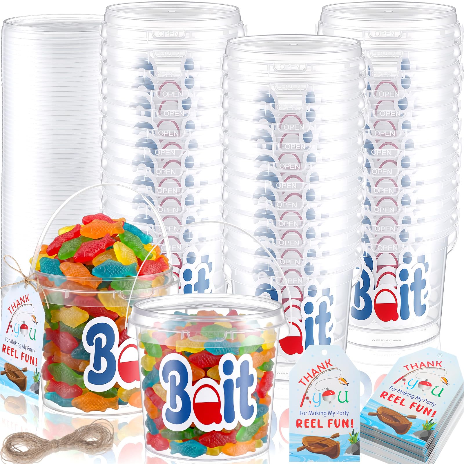 Yuntau 24/36 Set Fun Fishing Mini Buckets Set, Fish Bait Bucket with Lid, Cardboard Stickers Rope, Live Bait Buckets, Small Plastic Bucket for Kid Favor Fishing Themed Party Birthday