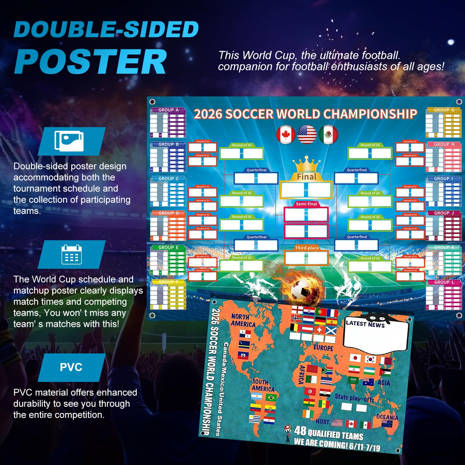 Prothens Póster del Mundial 2026 – Calendario del Mundo 2026, artículo para fans de fútbol, decoración de fiesta, mural para oficina y salón, 60 x 42 cm, regalo para fanáticos del fútbol - 2
