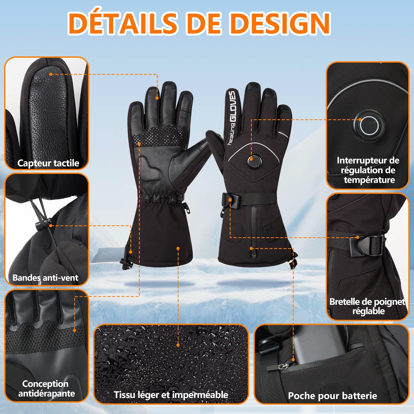 Gants Chauffants Homme Femme avec 2x5V 6000mAh Batteries, Gant Chauffant Moto à 3 Niveaux, Charge de Type C, Imperméables, Gants Tactiles pour Le Ski, la Randonnée et Le Cyclisme