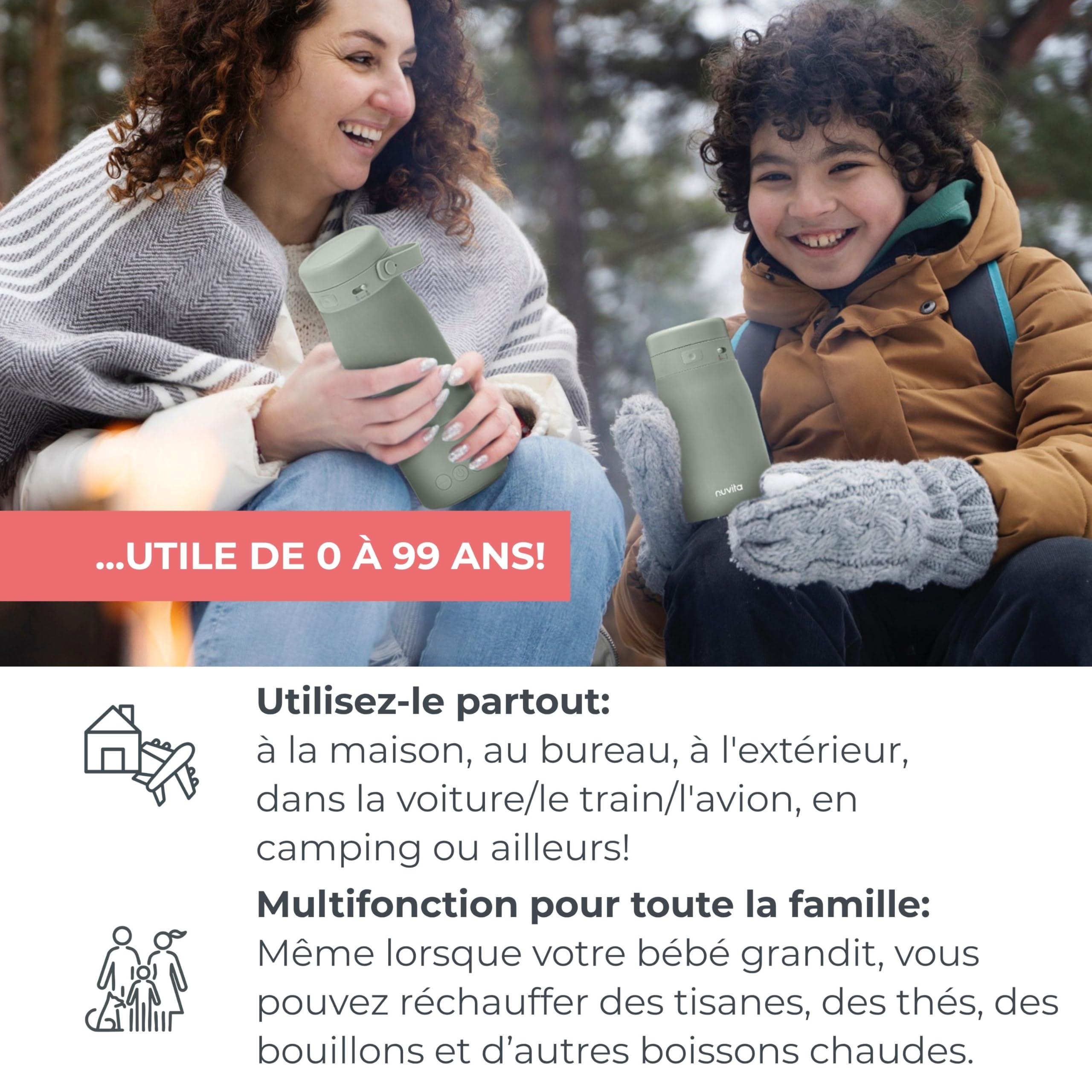 Nuvita 1190 Chauffe Biberon 500 ml – Chauffe-biberon sans fil avec batterie rechargeable, 3 températures sélectionnables 37 °C/55 °C/100 °C, maintient au chaud jusqu'à 12 heures