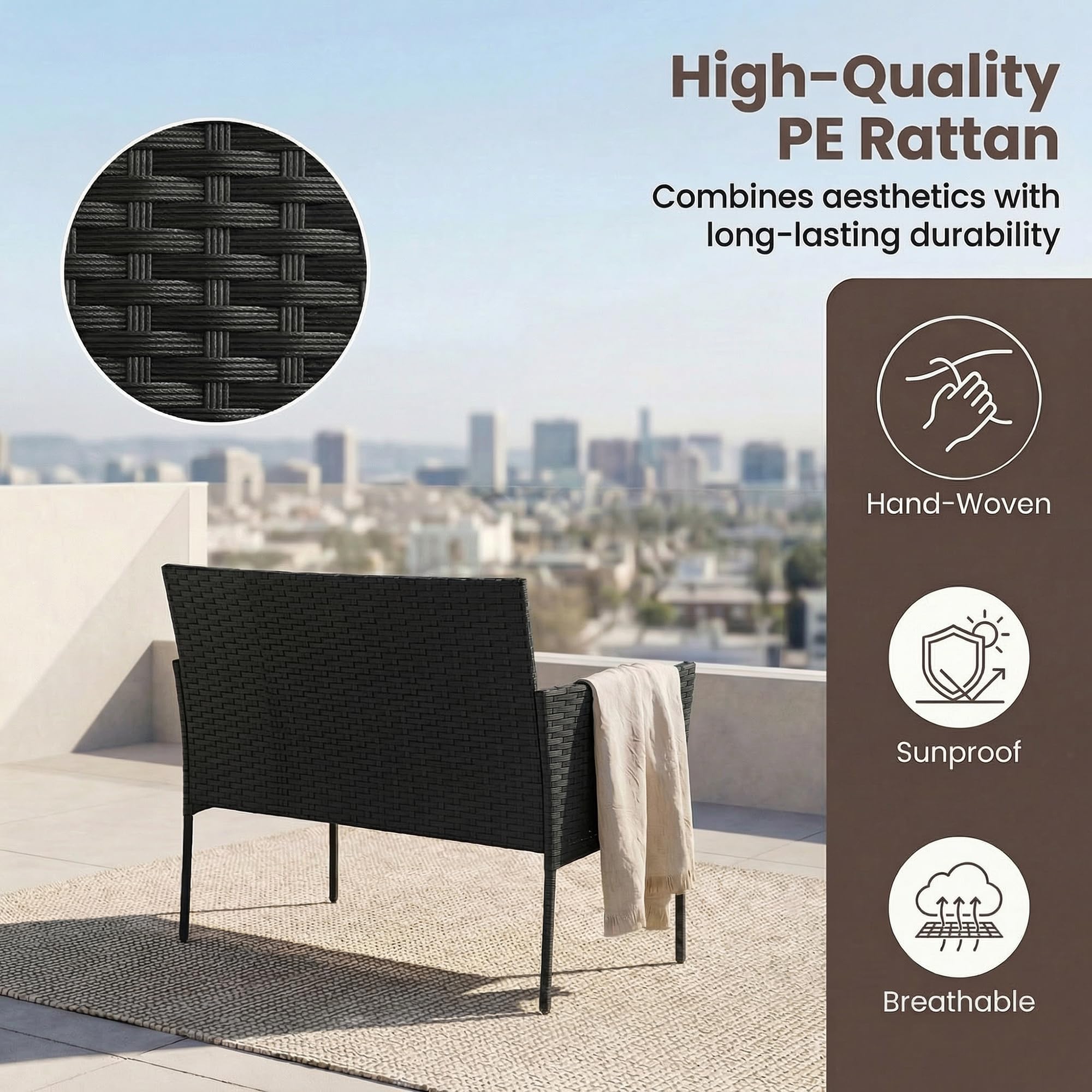 Set da Giardino in Rattan 4 Pezzi con Tavolino in Vetro, Divano e Poltrone, Grigio