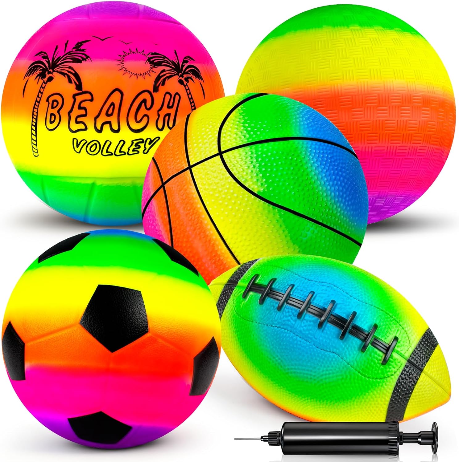 5 Pack Sports Balls Set for Kids & Toddlers - Includes 8.5'' Basketball Soccer Football Volleyball & Rainbow Playground Ball, Inflatable Bouncy Balls Toys Gift for Indoor Outdoor Party Games Play