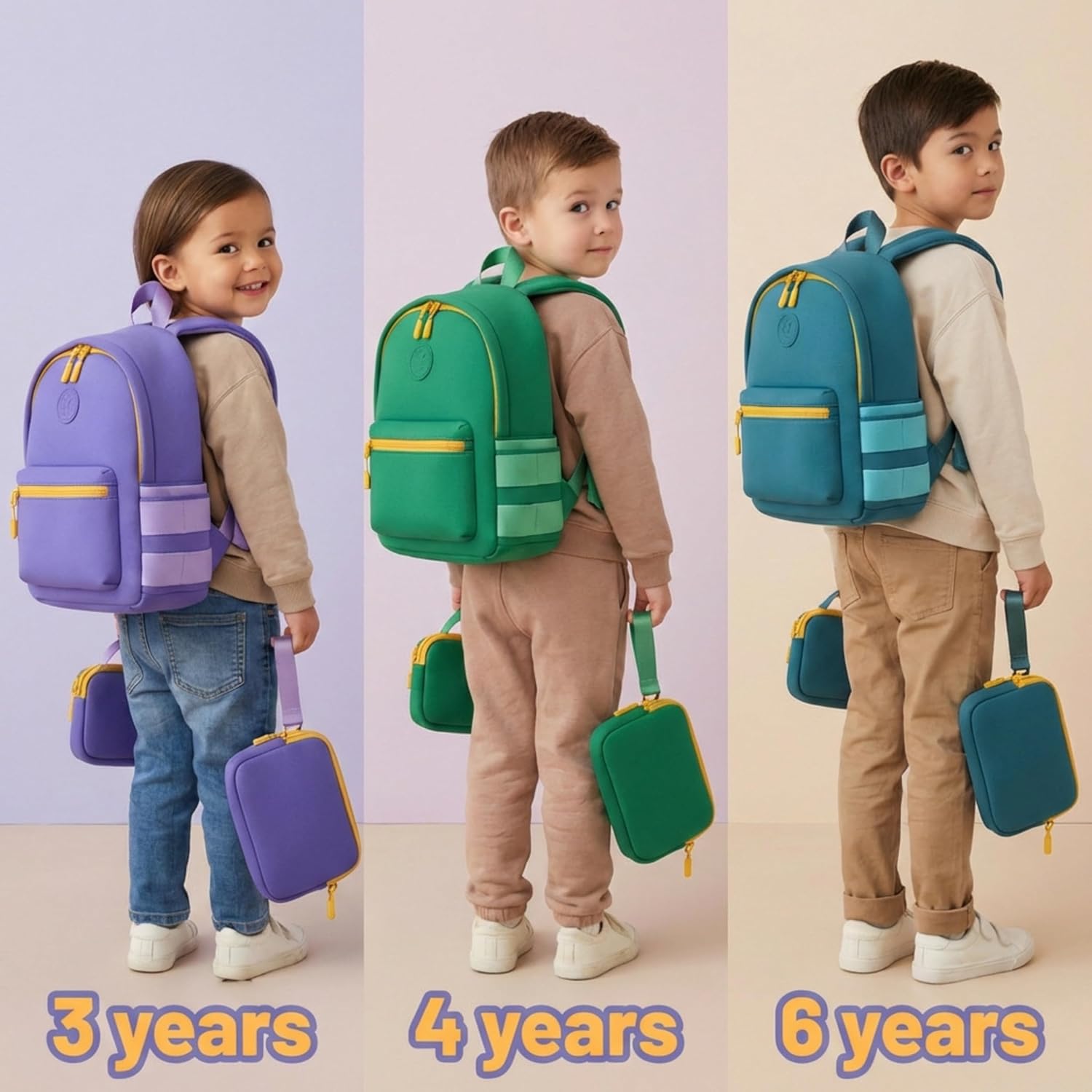 3PC SET Kids Neoprene Backpack 13 inch with 2 zipper pouch & AirTag holder for kids | Preschool backpack Toddler travel backpack | Daycare backpack boy and girl