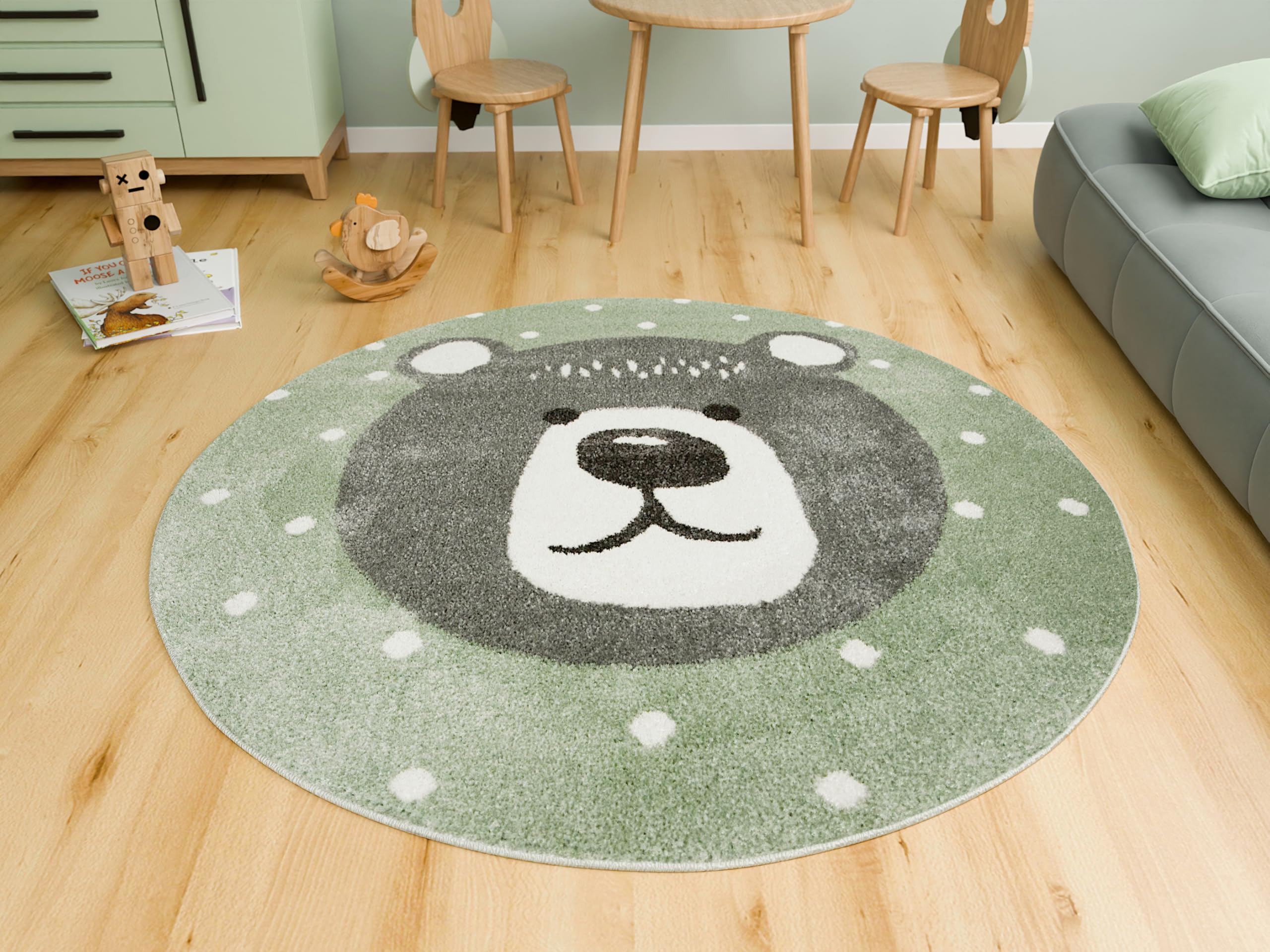 Runden Kinderteppich Lima Grün Teddybär 140 cm, Teppiche für EIN Kinderzimmer mit kurzem Flor, Teppich für einen Jungen,Mädchen, Kinderteppich, Spielteppich, Kids Carpet