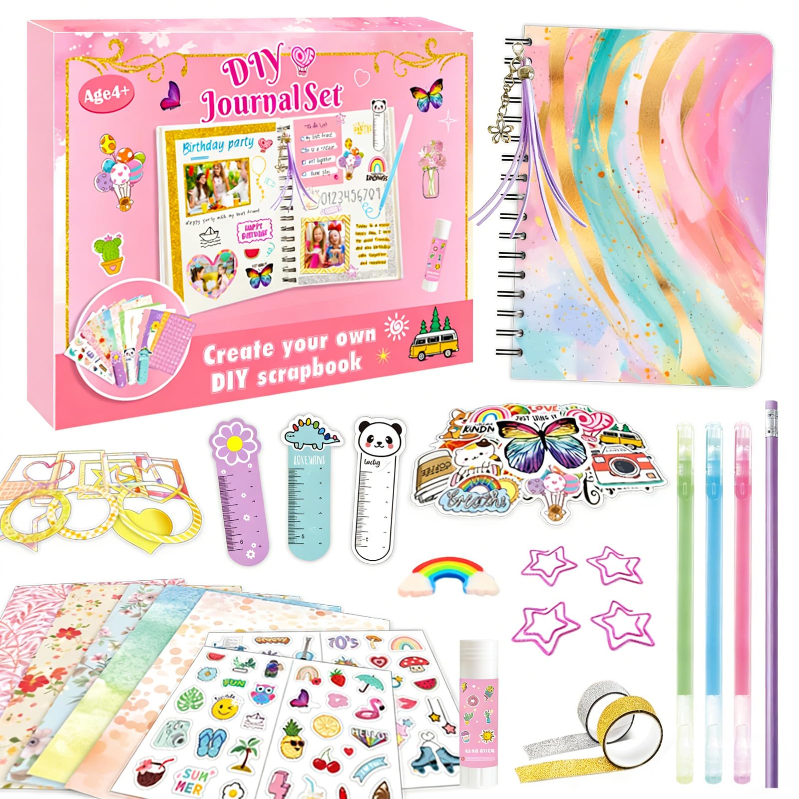 DIY Journal Kit for Girls, Arts and Crafts Stationery Set for Girls, Pink Diaries Girls Notebook & Sticker Set, Birthday Diary Gifts, Scrapbook Supplies for Teen Girls Ages 8 9 10 11 12 13 14 Year Old