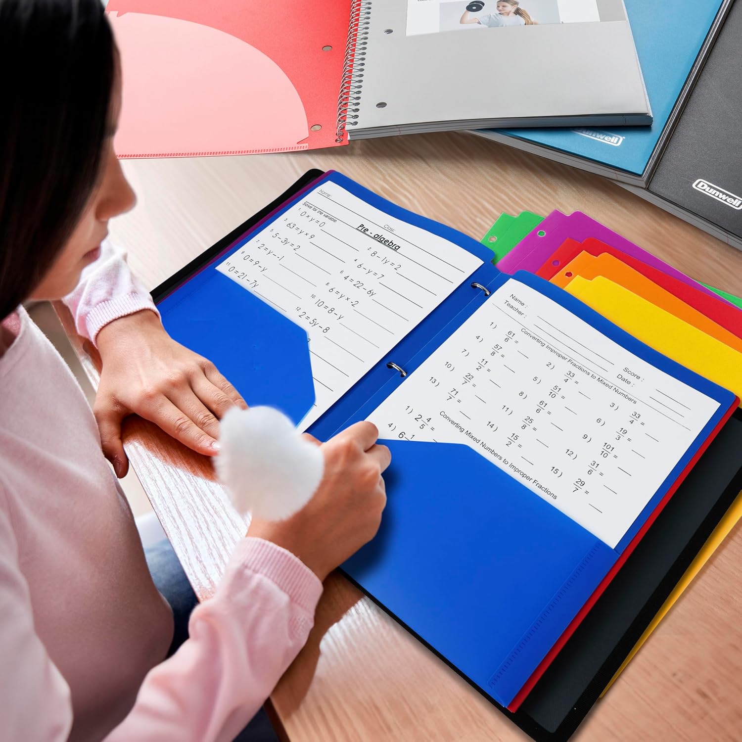 Dunwell Plastic 2-Pocket Folders for 3-Ring Binders, (6 Pack, Assorted Colors) 3 Hole Punched, Divider Folder for Notebook, Durable Poly, Fits 8.5x11 Sheets, Includes Labels thumbnail