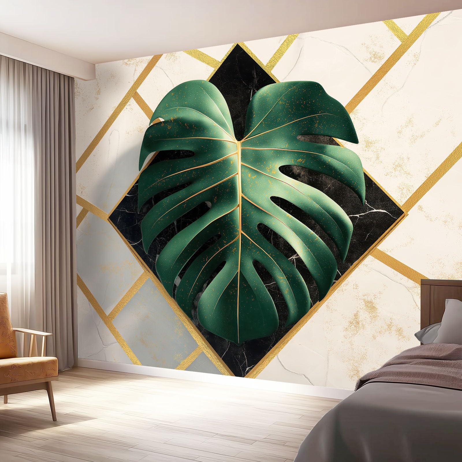 Bardzo duży mural ścienny 400 x 280 cm (szer. x wys.), zielony luksusowy styl marmur monstera, tapeta premium wymagana do przestronnego salonu