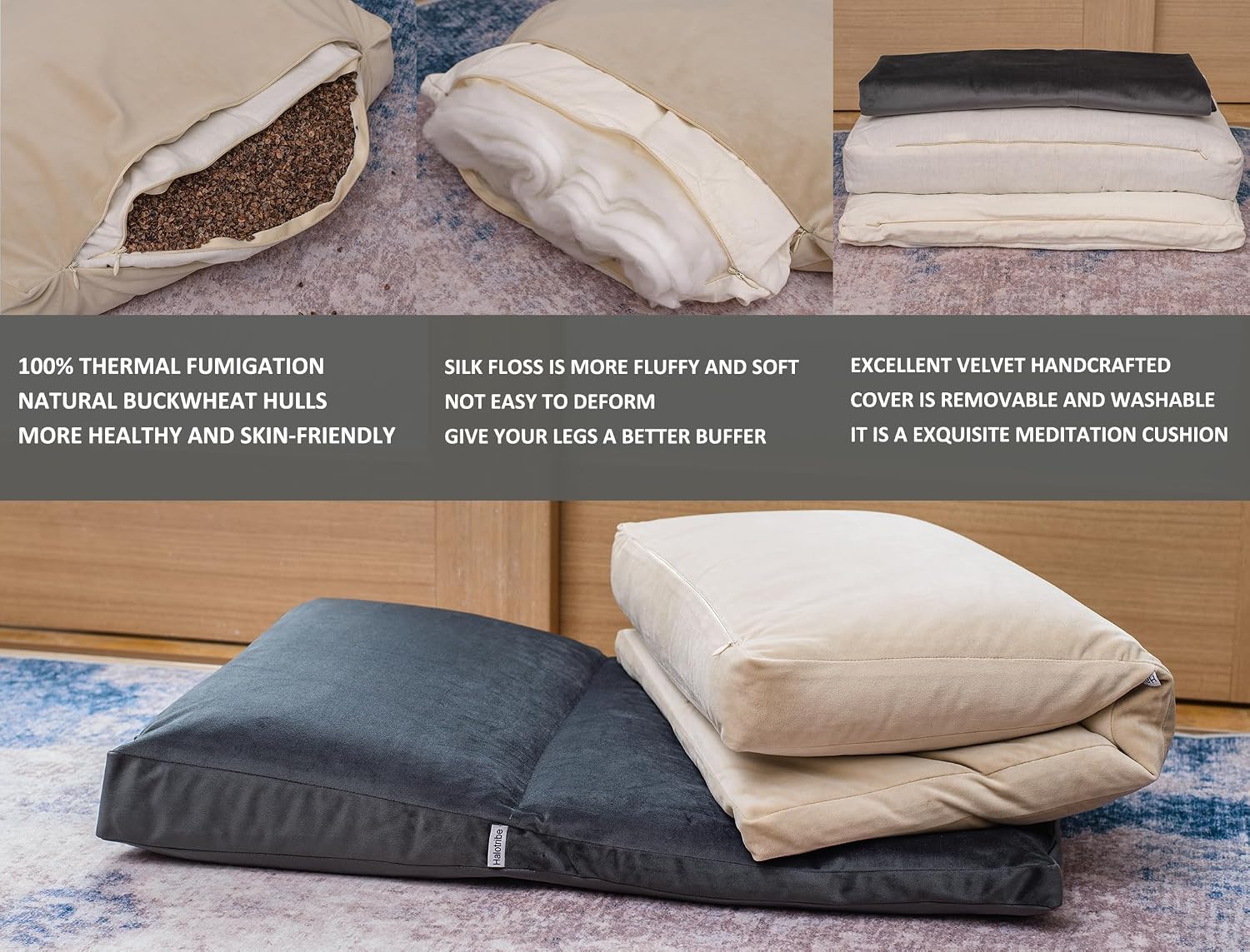 Meditation Cushion,Velvet Meditation Pillow and Zabuton 2-in-1 Portable Design(50 * 70CM). (Khaki, Service H：9cm)