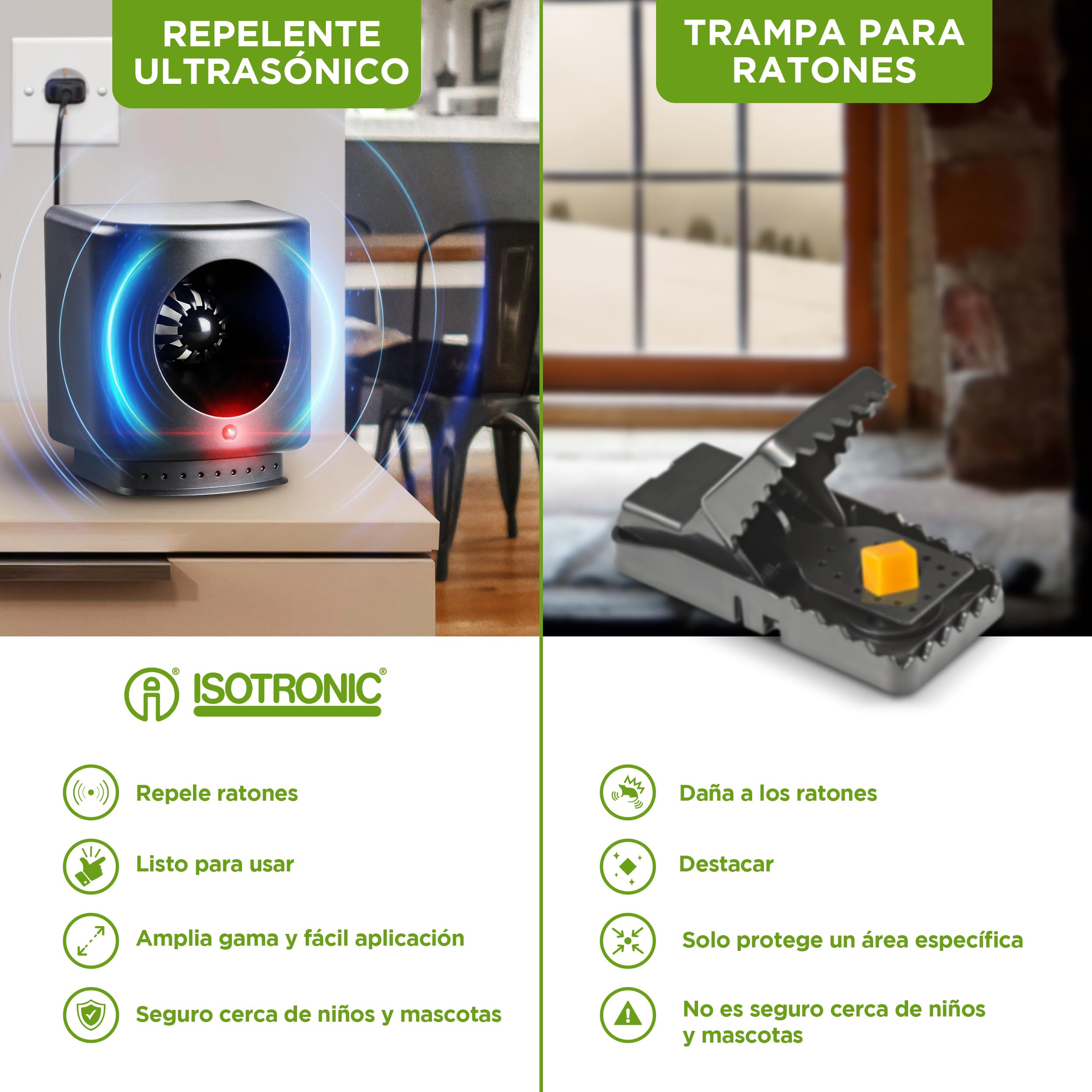 ISOTRONIC Repelente ultrasónico para Ratones y Ratas – Repelente de plagas para áticos, sótanos y garajes – Disuasivo para Ratones sin Veneno ni trampas – Alcance Efectivo de 50 m² (3 Unidades)