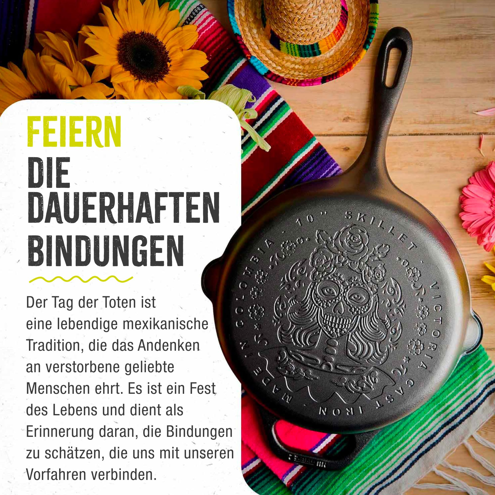 VICTORIA Bratpfanne Gusseisenpfanne Eingebrannte 25cm Day of the Dead La Catrina, für Grill, Backofen, Induction, Gas, Cast Iron Skillet Toxic Free Non-Stick Kochgeschirr oder PFOA