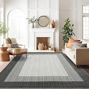 GarveeHome Area Rugs 9x12 for Living Room, Modern Bordered Machine Washable Rug Large Soft Carpet Bedroom Non Slip Stain Resistant Neutral Solid Carpet Border 9x12 Area Rug for Farmhouse Grey