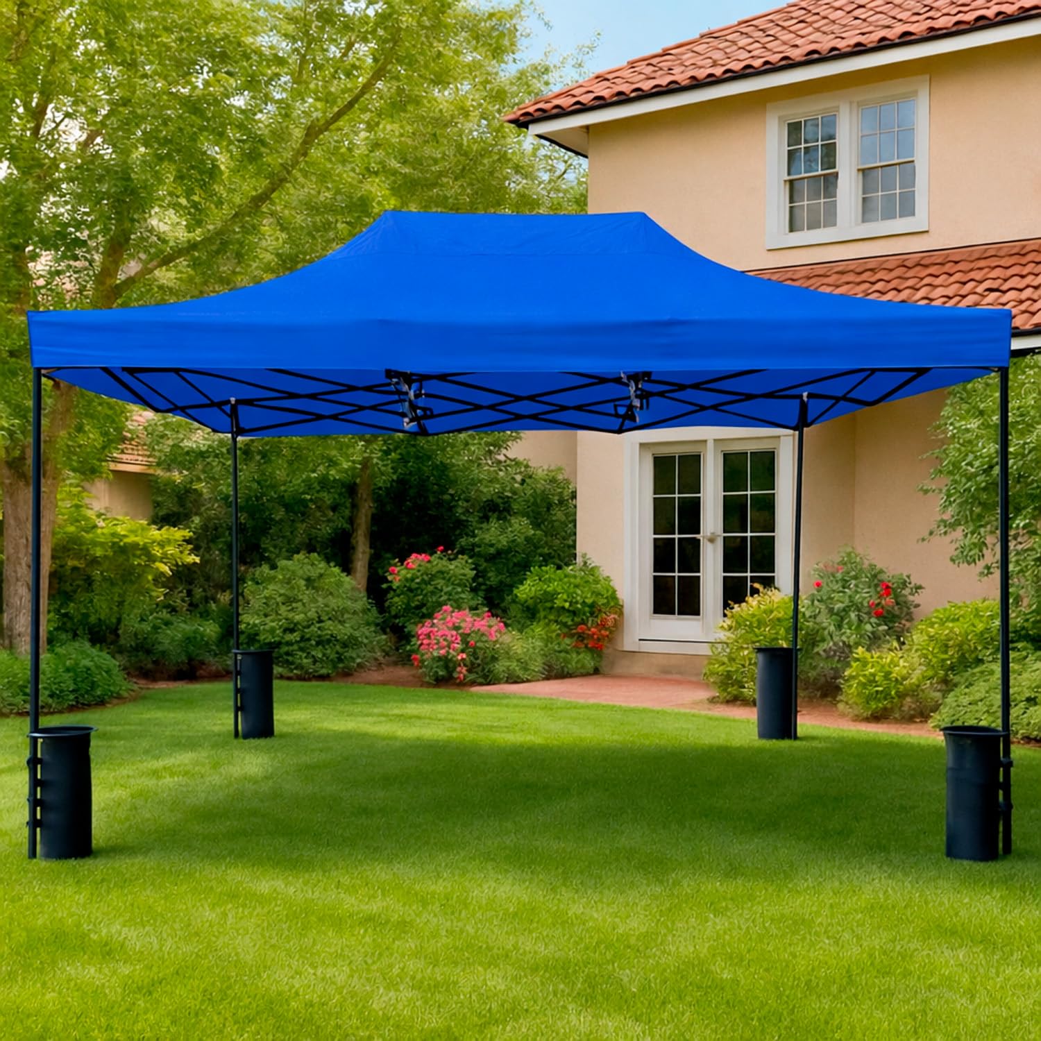Gazebo Professionale 3x4.5 M Richiudibile Automatico In Acciaio Con Telo Oxford 1200D PVC Impermeabile e Anti UV Struttura a Fisarmonica con Sacche Zavorra e Borsa Trasporto Sagre Feste (Blu)