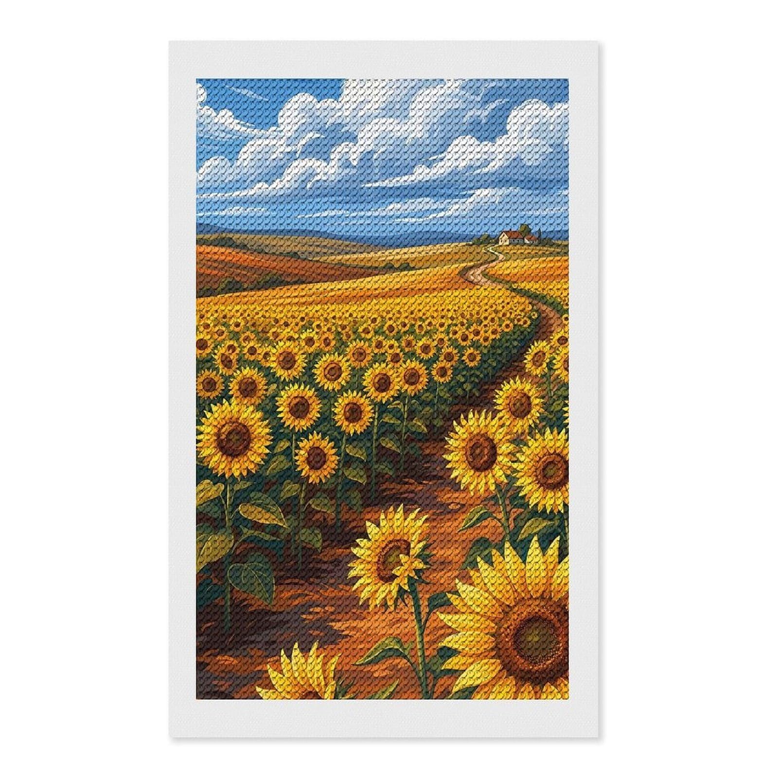 Junmoney Vast Sunflower Field Under A Cloudy Sky Diamond Painting Canvas Kit 12"x20", Adhesive Canvas, Christmas Gift, Full Kit Included, Thoughtful Present