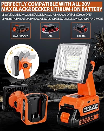 Miniatura 2 de Luz de trabajo LED inalámbrica para batería Black and Decker de 20 V, reflector LED de 25 W con puertos de carga rápida USB-A y USB-C 2.1A para