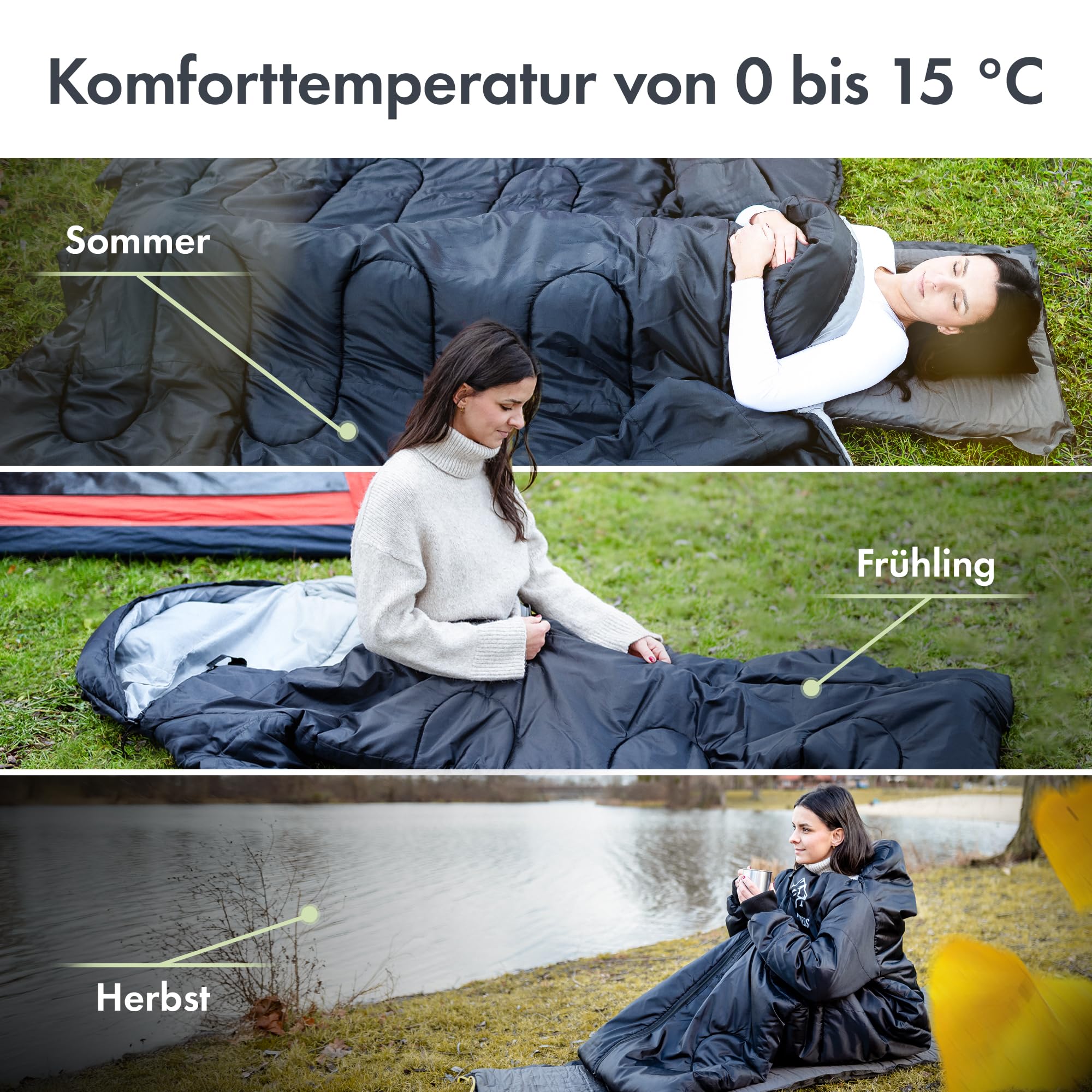 Schlafsack [mit Ärmeln] – Schlafsäcke für Erwachsene, Outdoor & Camping [3 Jahreszeiten] Deckenschlafsack mit Öffnungen an den Füßen | 220x80cm, wasserabweisend | Inkl. Kissen | Nature Rovers