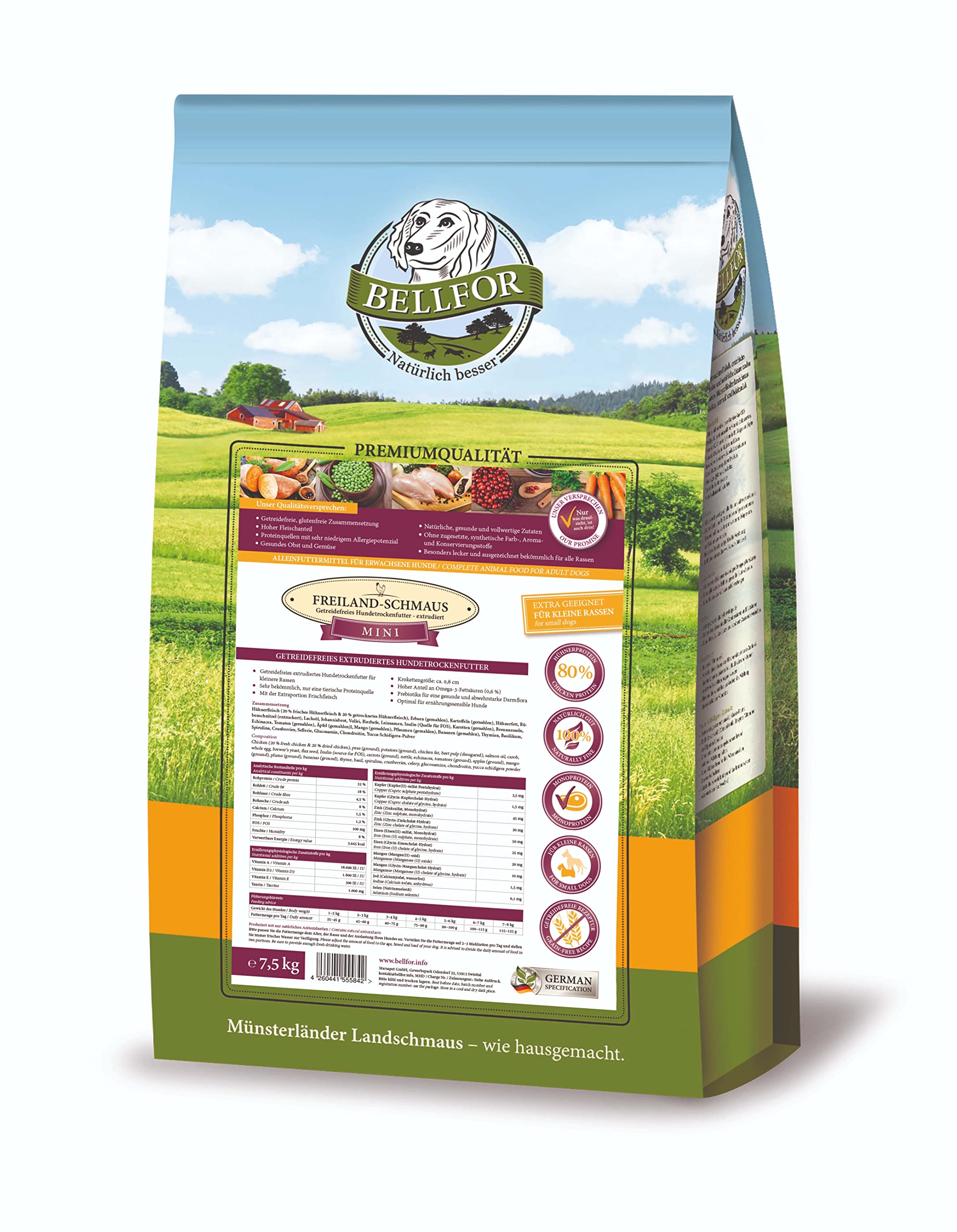 Bellfor Dry Dog Food for Small Dog Breeds with Chicken Freiland-Schmaus Mini - 7.5 kg. Grain Free, High Protein, Rich in Omega-3 and Natural Ingredients