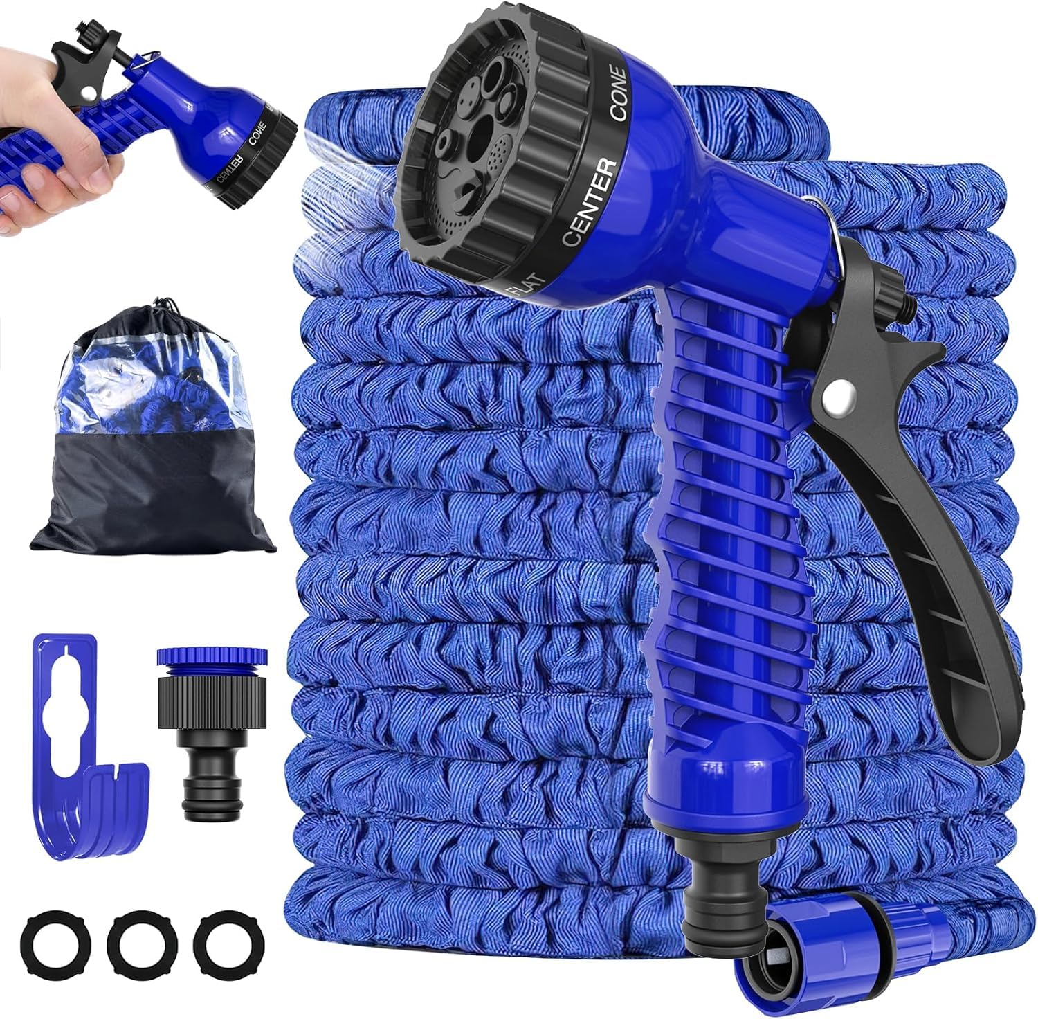 Lingky Blue 75Ft Expandable Garden Hose Pipe, Flexible Expanding Magic Hose With 1/2"& 3/4" Fittings, Garden Hose With 7 Function Spray Nozzle, Durable 3 Layer Latex Core Hosepipe Anti-Leakage