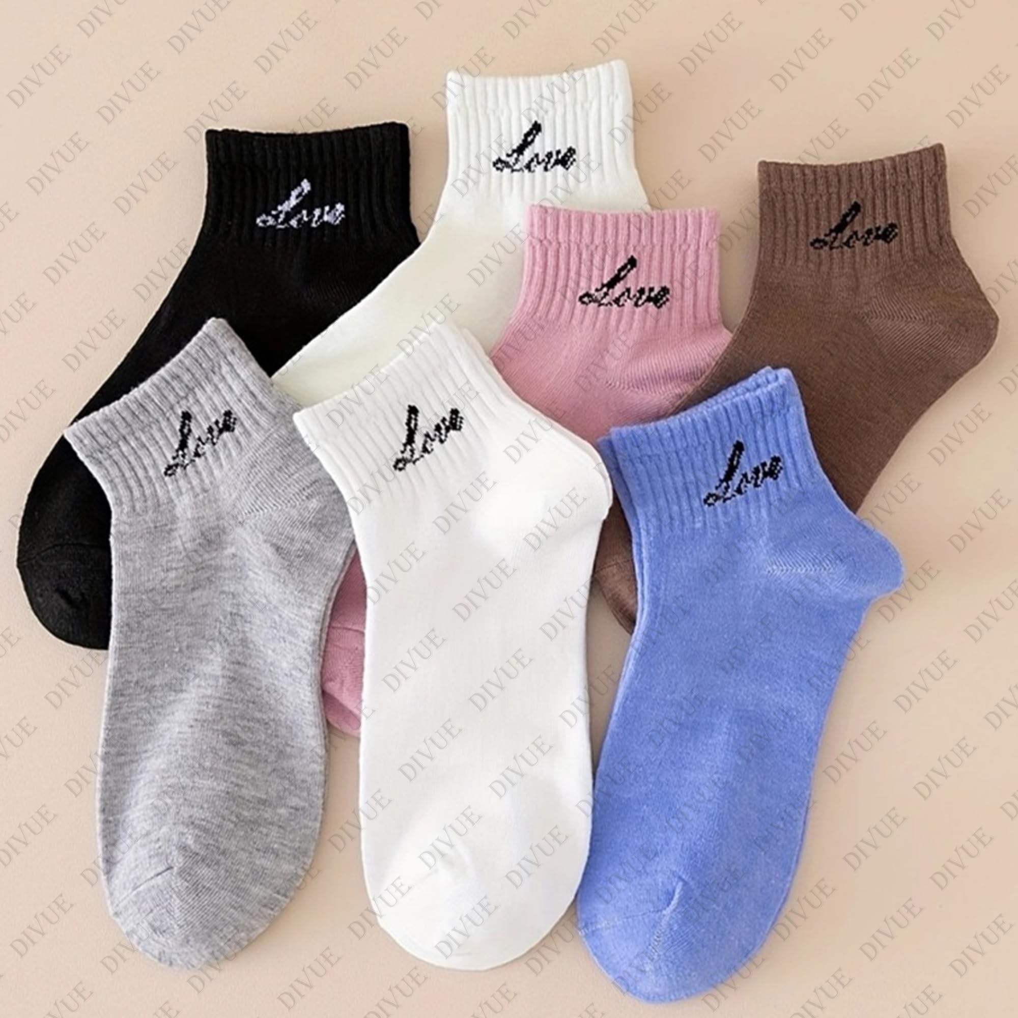 VAIDUE Girls & Women Ankle Length Cotton Socks Pack of 6 | Comfortable Soft Stretch Multicolor Socks with Love Text Design | Breathable Stylish Casual Sporty Cotton Sock Combo for All-Season Daily Use 2
