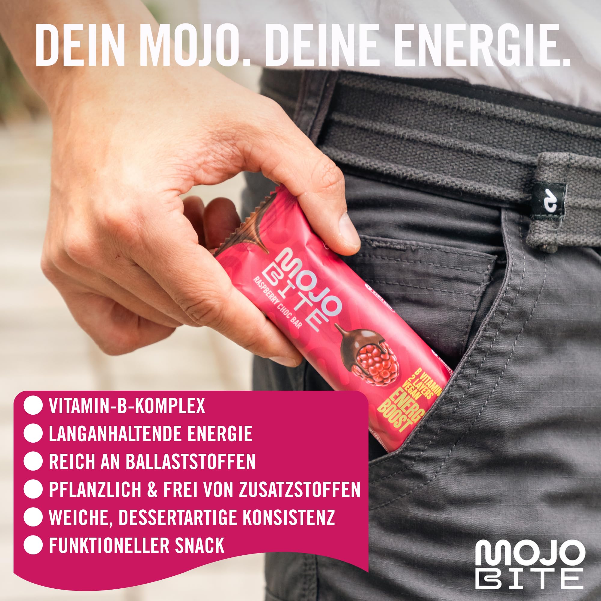 MojoBite Energy Boost Energieriegel Himbeere Schoko - 12 x 44g - Doppelschicht Snackriegel mit 40% des Täglichen Vitamin-B-Komplexbedarfs, Vegan, Glutenfrei, Ballaststoffreich