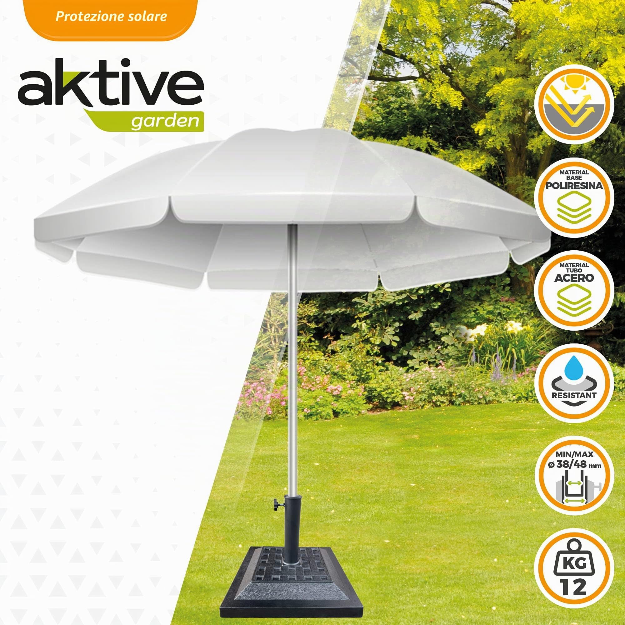 AKTIVE Supporto per ombrellone, base per ombrellone, palo da 38-48 mm, 44x44x33 cm, nero, materiale in poliresina, base per ombrellone da giardino, quadrata, 12 kg, Giardino