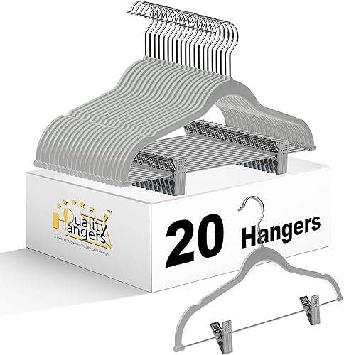 Paquete de 20 perchas de plástico de calidad, no aterciopeladas, delgadas y compactas, con clips de metal para faldas, pantalones, blusas, gancho