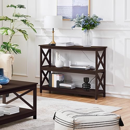 Miniatura 2 de Yaheetech Soporte de TV con toma de corriente, centro de entretenimiento para TV de hasta 45 pulgadas, mesa consola multimedia de 3 niveles con