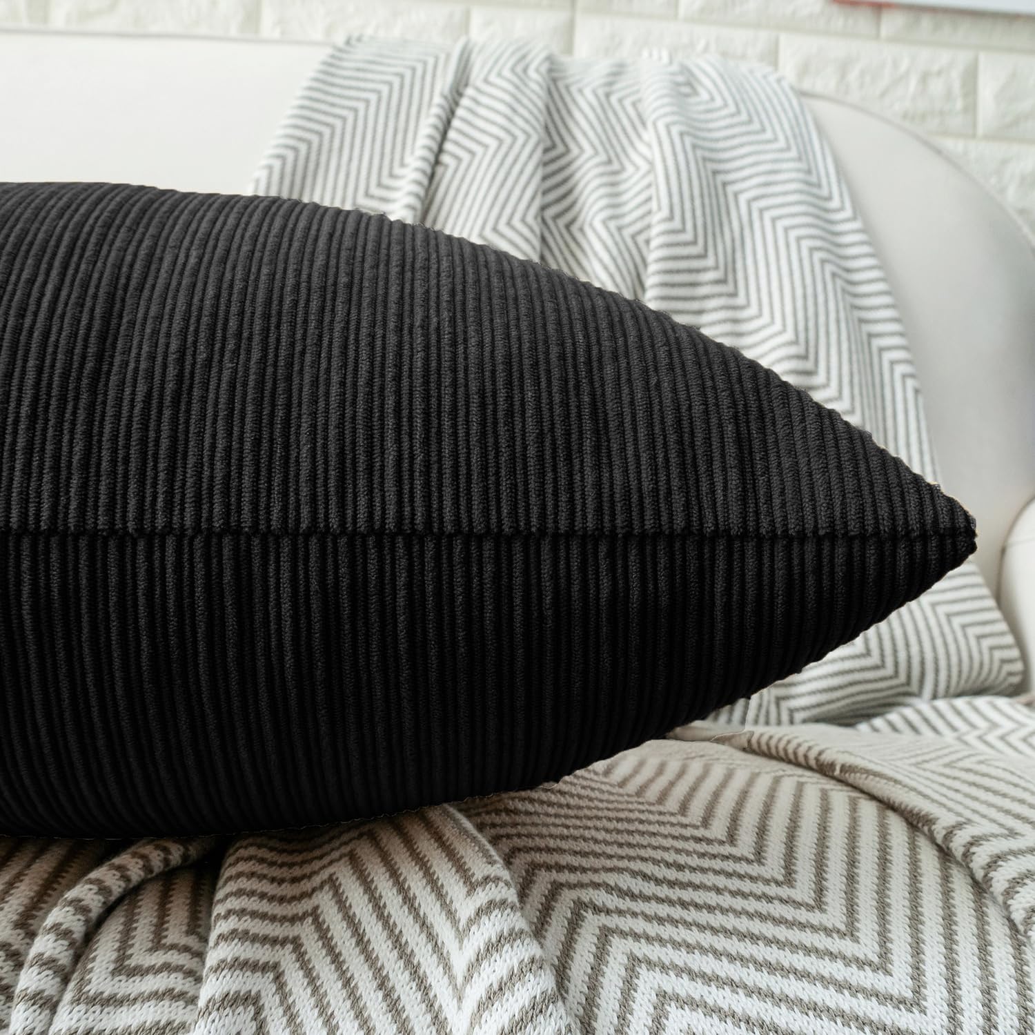 HWY 50 Black Chenille Cushion Covers 45cm x 45cm (18"x18") with Triple Buttons, Set of 2 - Image 4