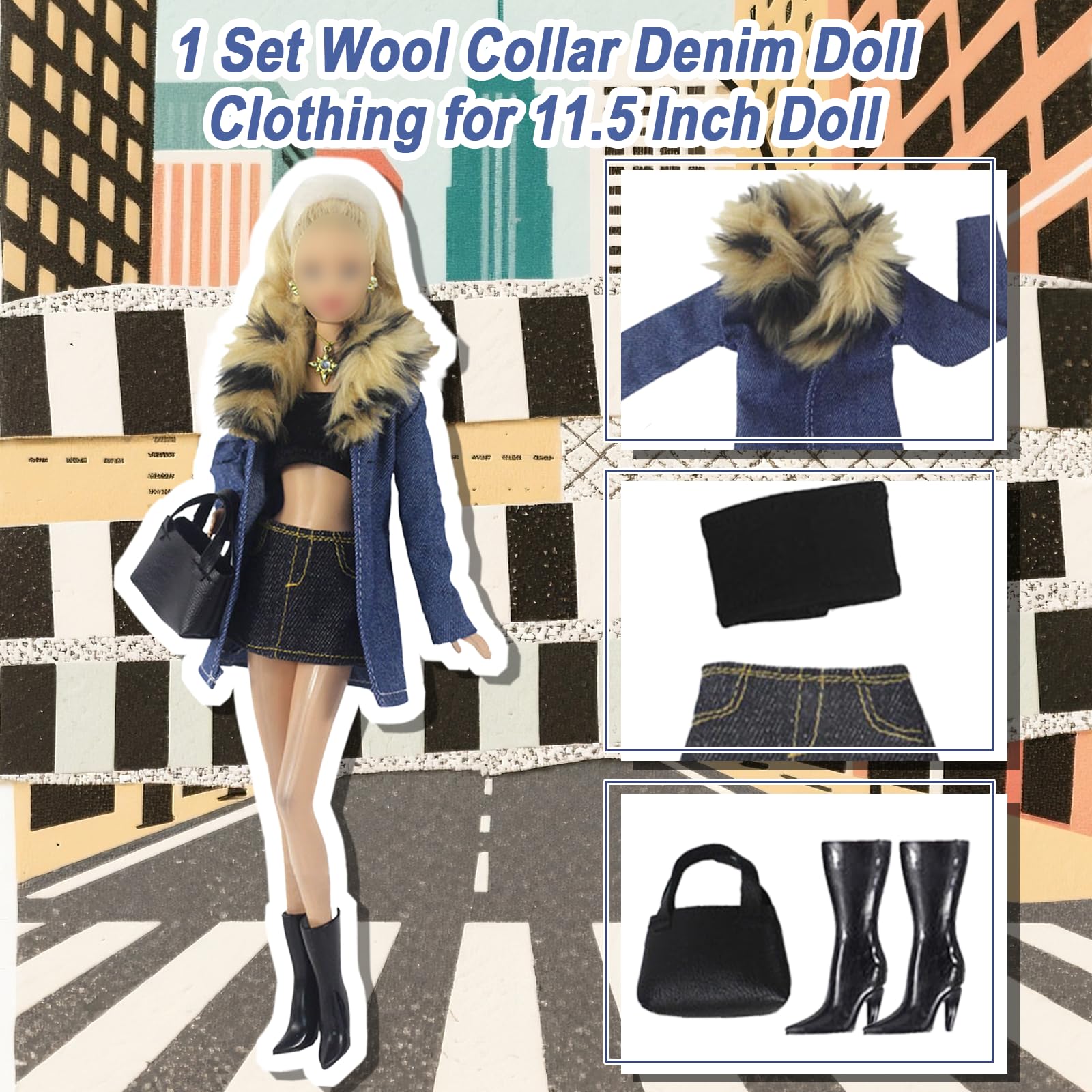 18 Pieces Barbie Compatible Doll Clothes Set, Including Elegant Denim Fur Collar, Plush Coat Set, Sports Set - Image 2
