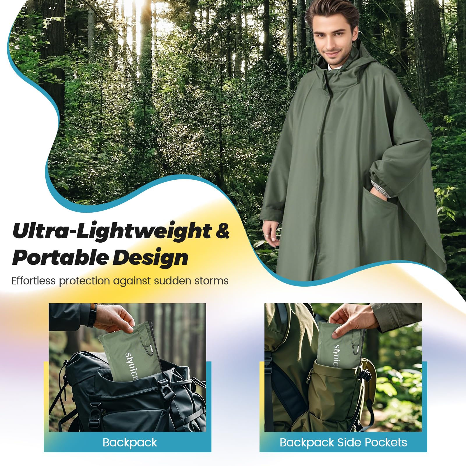 Regenponcho Wasserdicht Wandern Mit ReißVerschluss Leichter 3-In-1 Mehrzweck Regencape Mit Rucksack Atmungsaktiv Poncho Herren Damen Faltbare Regenmantel Hiking