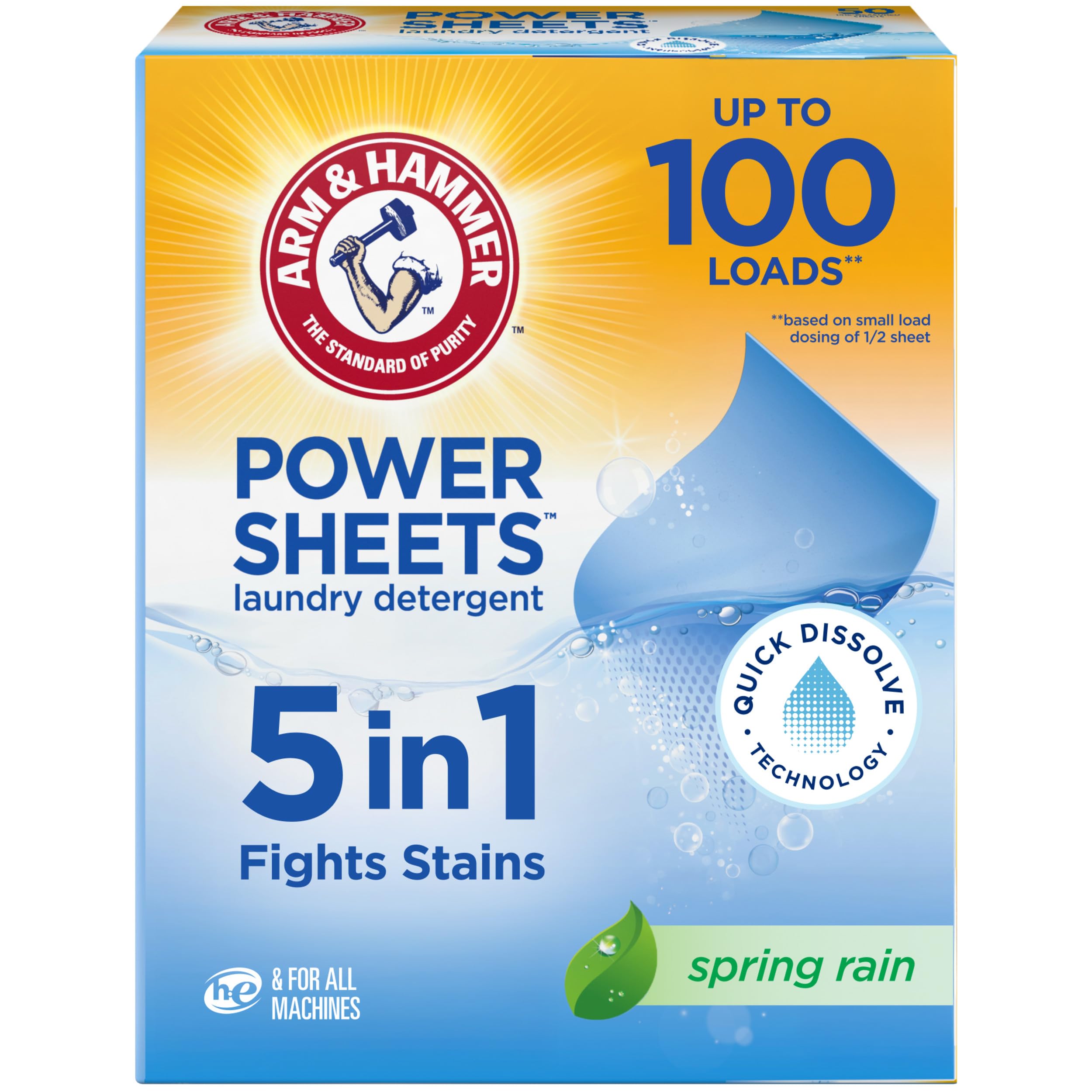 ARM &amp; HAMMER 5-in-1 Power Sheets Laundry Detergent, Spring Rain, 50 Count
