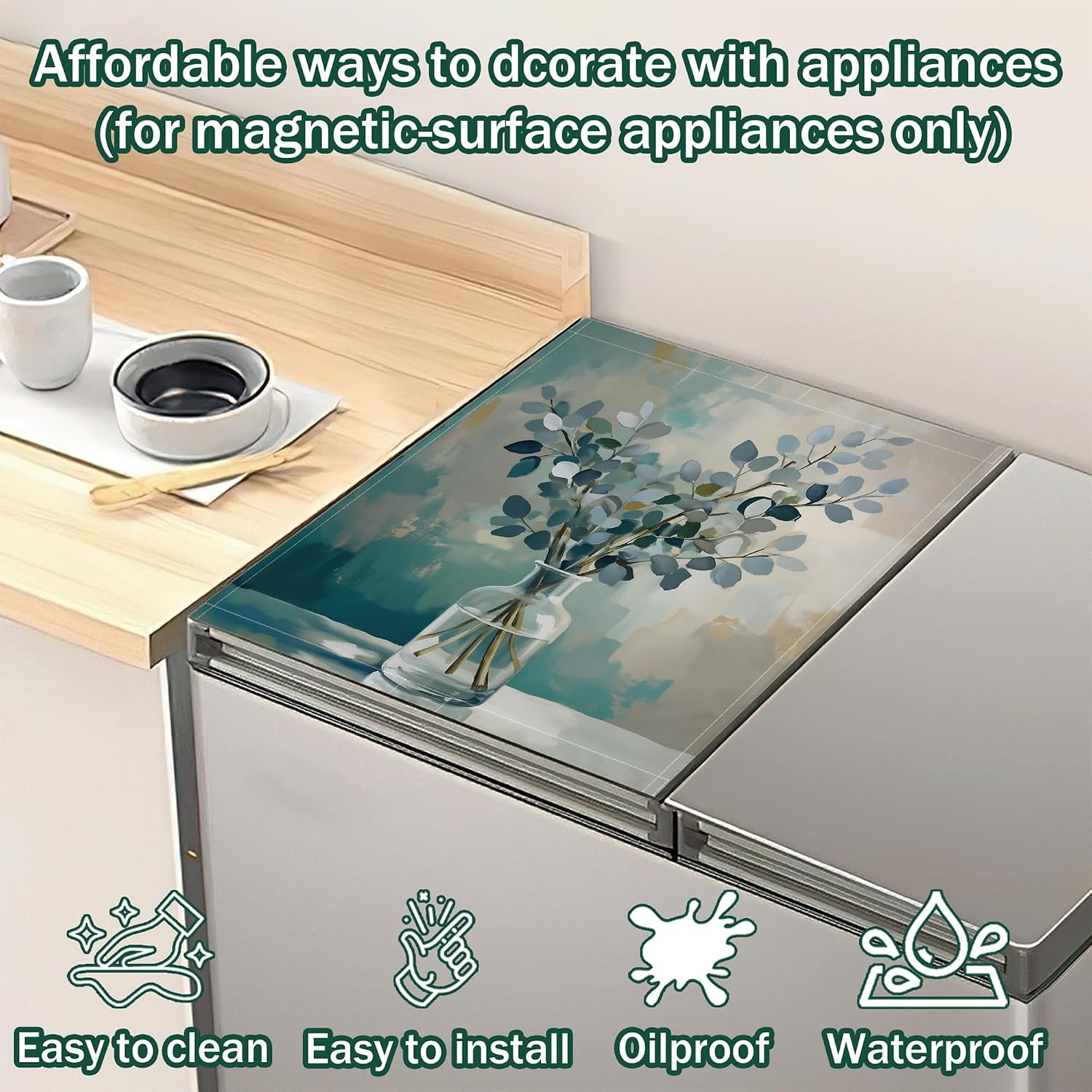 Eucalyptus Leaves Dishwasher Covers for the Front Magnetic,Watercolor Green Leaf Vase Refrigerator Magnets Decorative Cover,Reusable Dishwasher Cover Panel for Home Kitchen Decor 23x26 Inch image 3