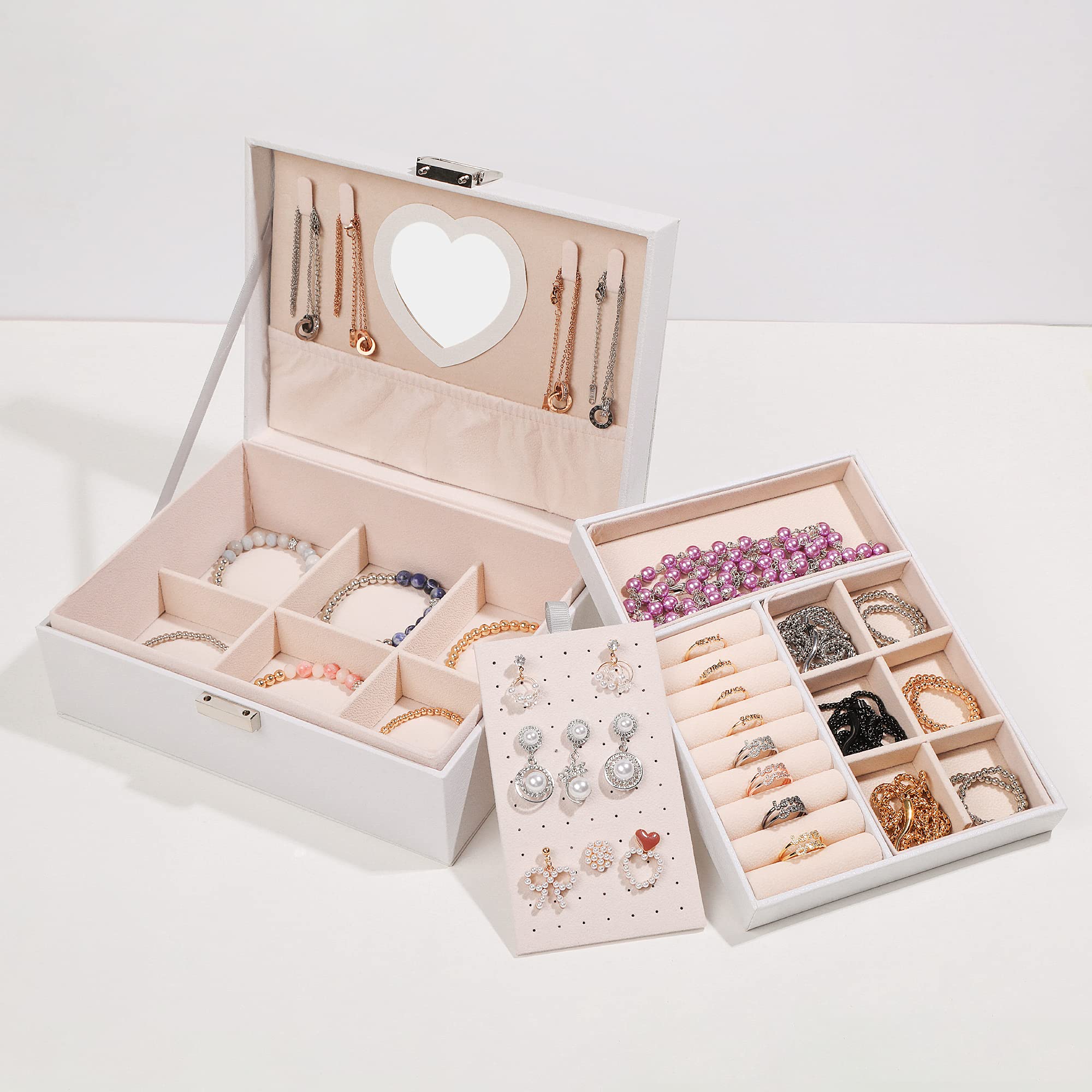 Schmuckkästchen für Mädchen, zweilagig, PU-Leder, Schmuck-Organizer-Box, mit Schloss und Herz-Spiegel