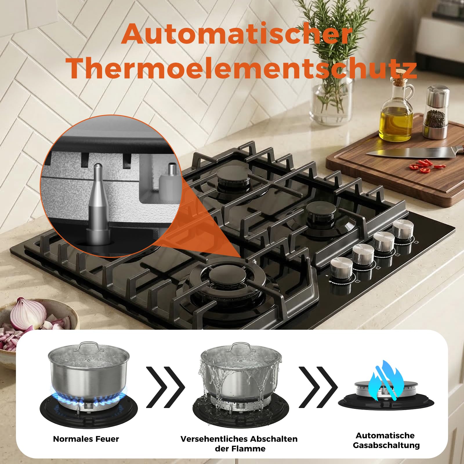 Topwish Gaskochfeld 4 flammig, Gaskochfeld mit blaue beleuchteter drehknopf | Gaskochfeld einbau 60cm, Gasfeld 4 flammig, NG/LPG konvertierbar, flammabriss Schutz, Zündautomatik, 8000 Watt