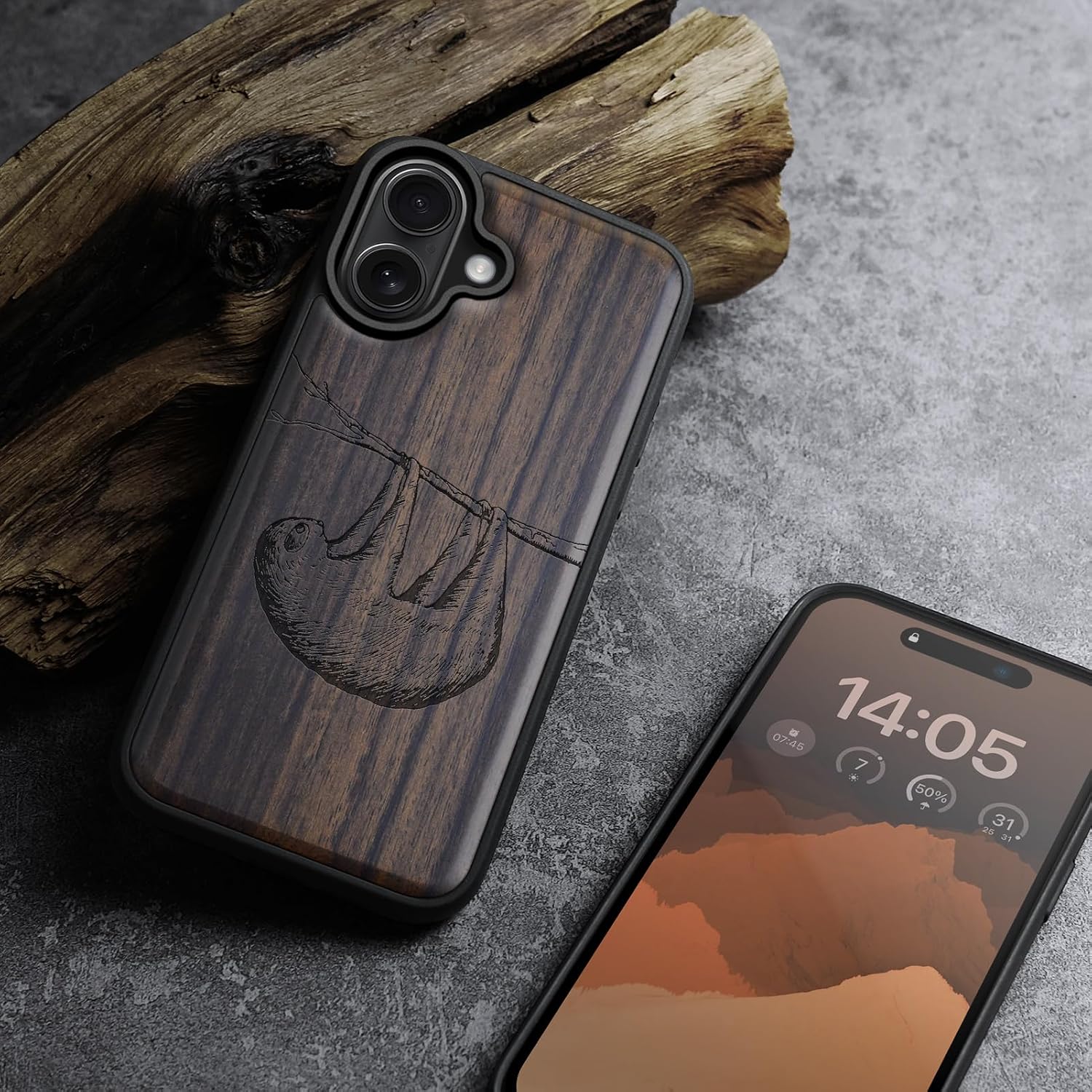 Carveit Magnetic Wooden Case for iPhone 16 Plus Case, Wood Artisan Engraved & Black Soft TPU Shockproof Cover, Compatible with MagSafe Wireless Chargers (Hanging Sloth) Blackwood