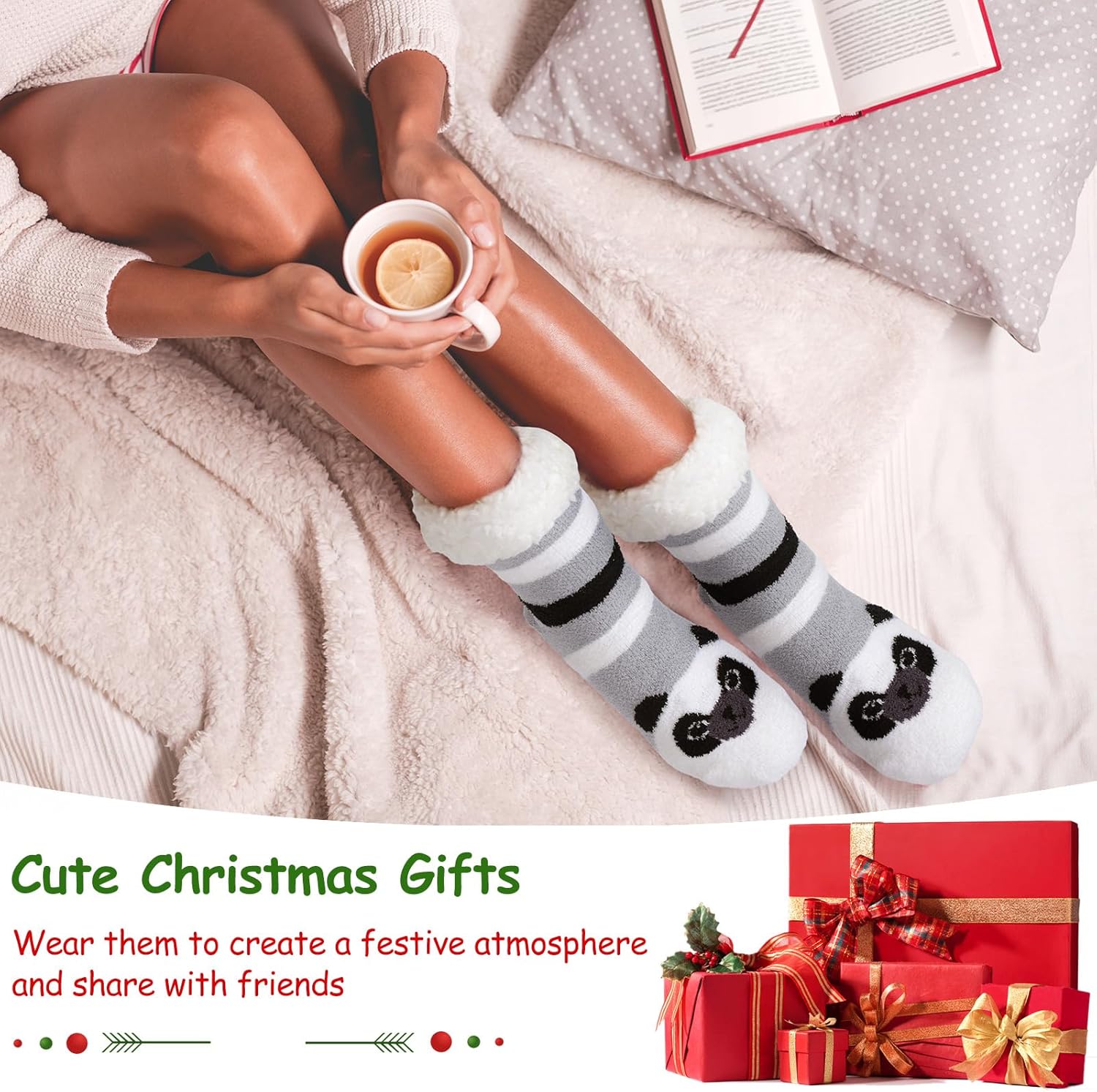 Xuniea 4 Pairs Winter Fuzzy Warm Slipper Socks with Grips for Women Thick Soft Fleece Lining Cute Animal Christmas Socks - Image 2