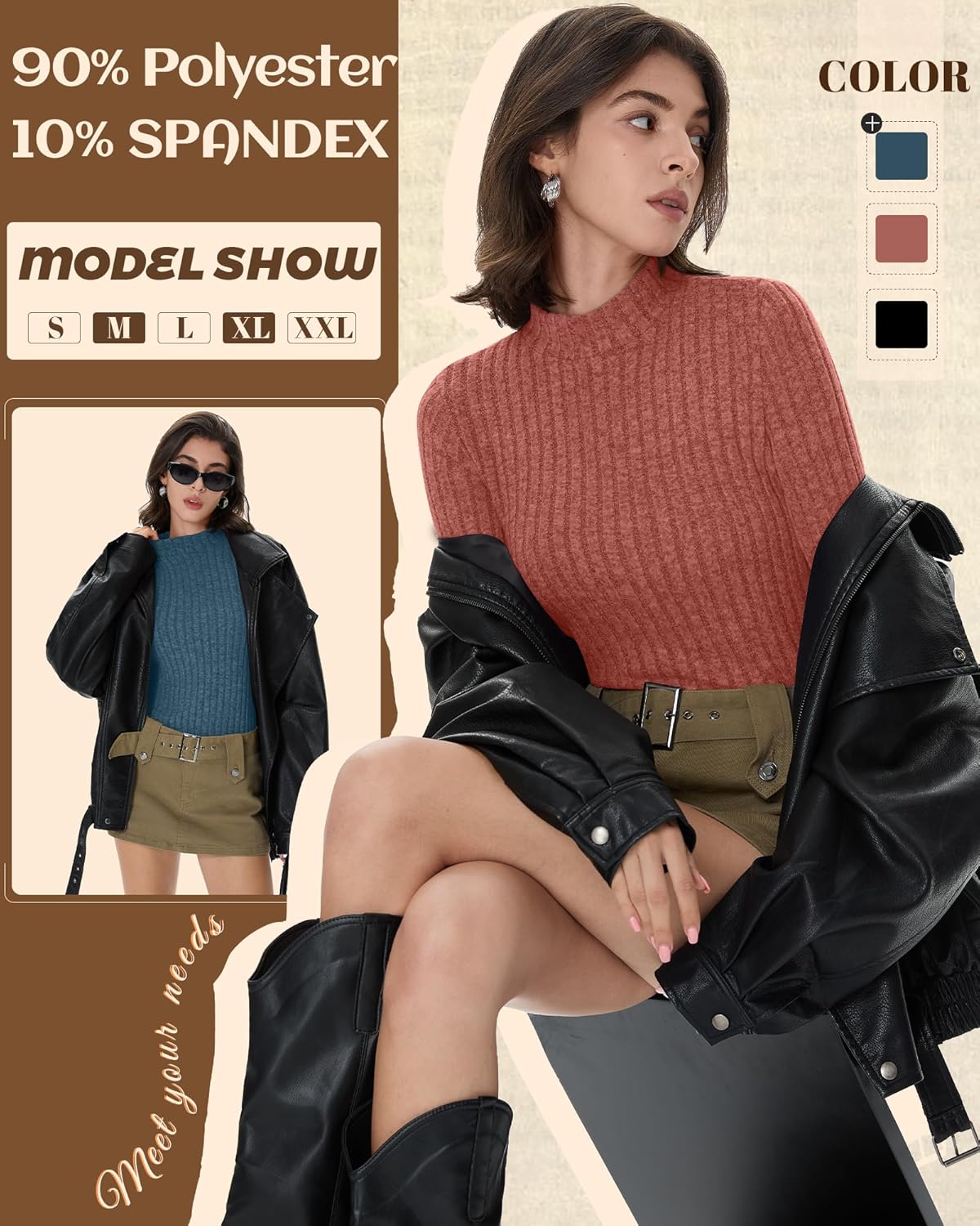 3 Pack Women's Mock Turtleneck Sweater Ribbed Knit Long Sleeve Tops Soft Thermal Layering Shirts - Image 5