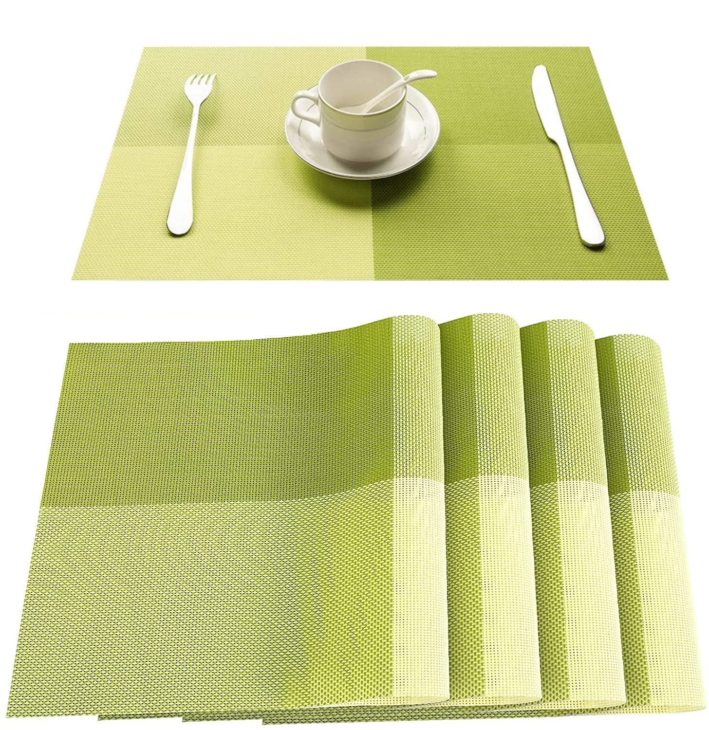 ADDCART Placemats, Set of 4 Dining Table Heat-Resistant Stain Resistant Non-Slip Placemats for Kitchen Table, Washable Durable PVC Table Mats Woven Vinyl Placemats 45x30cm (4pcs) (Green)