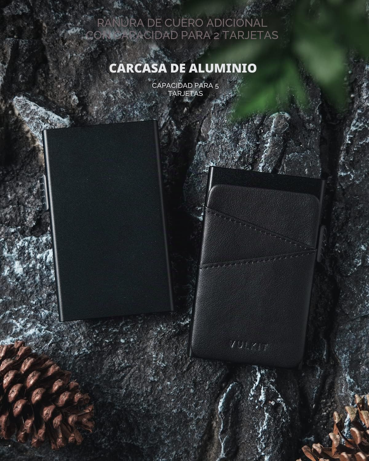 VULKIT Tarjetero Hombre Metalico Automatico con 2 Ranuras de Piel Tarjeteros Pop-up Bloqueo RFID Rigido Tarjeteros Hombre Tarjetas Credito