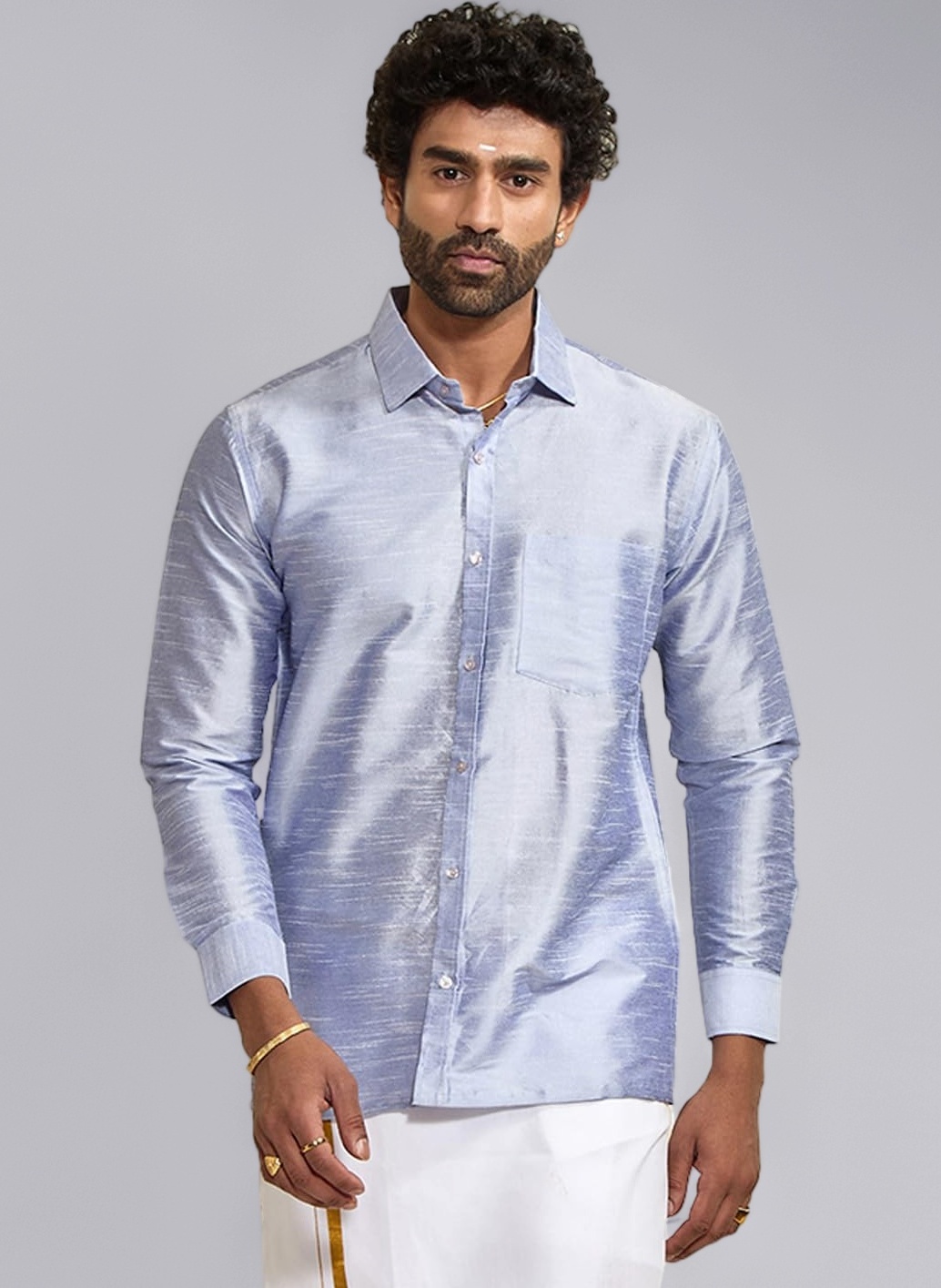 VM Men's Silk Blend Ethnic Shirt - Traditional Men’s Silk Shirt for Festive Occasions, Onam | Ethnic South Indian Silk Shirt Full Sleeves | Perfect for Weddings and Celebrations