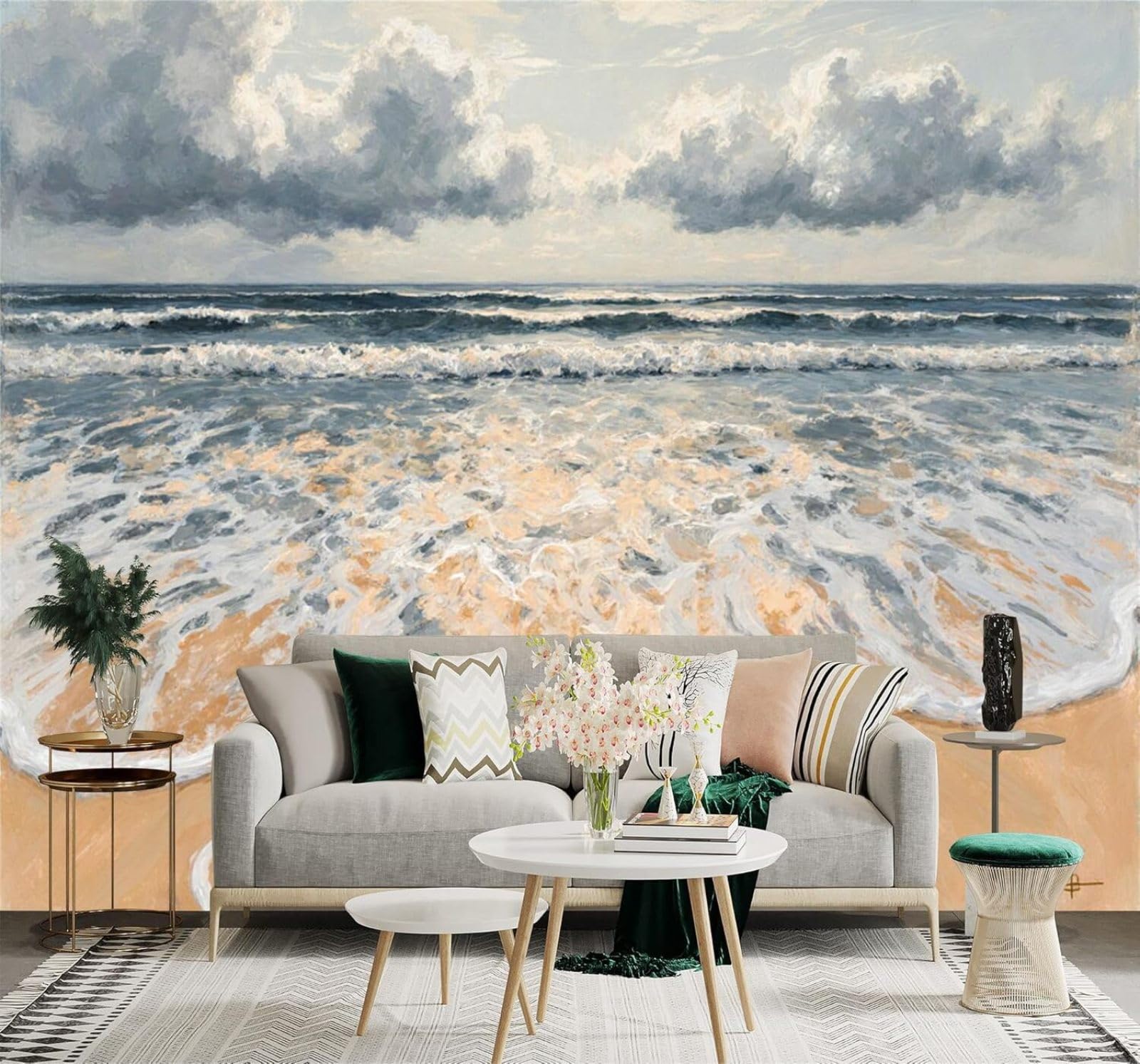 XLMING Waves Beach Cloudy Sky Seascape Art 3D Wallpaper Premium Textured Silk Study Dining Living Room Bedroom Sofa TV Wall Easy Install-300cm×210cm