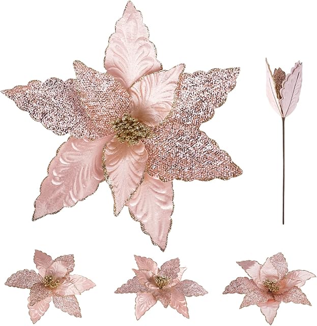 ABSOFINE 8 Pieces Christmas Glitter Poinsettia Flowers Rose Gold Wedding Faux Flowers Christmas Decoration Ornaments For Christmas tree New Year Home Outdoor Decoration