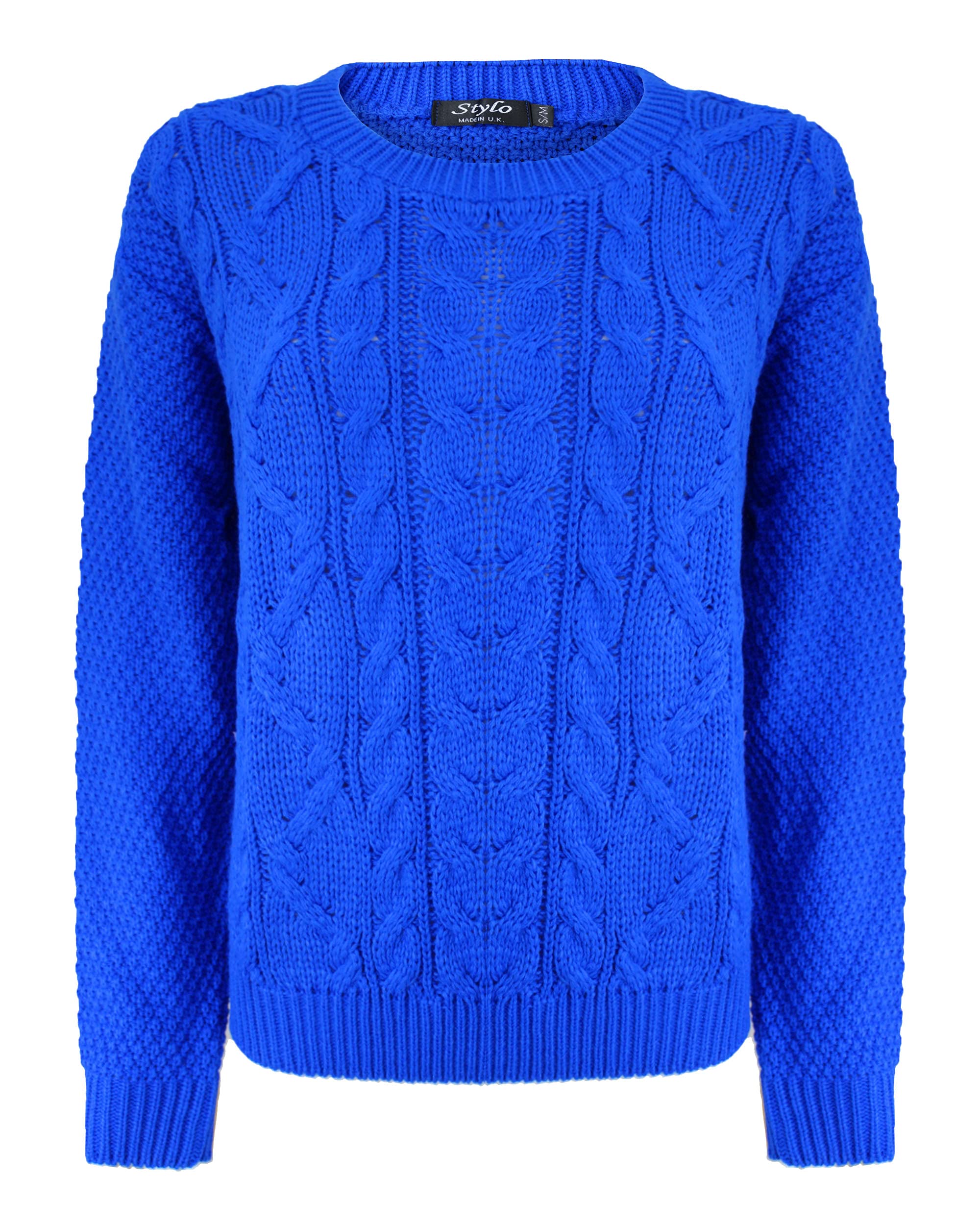 Generation Fashion New Ladies Cable Knit Crew Round Neck Long Sleeve Women Knitted Jumper Sweater [Royal Blue,SM]