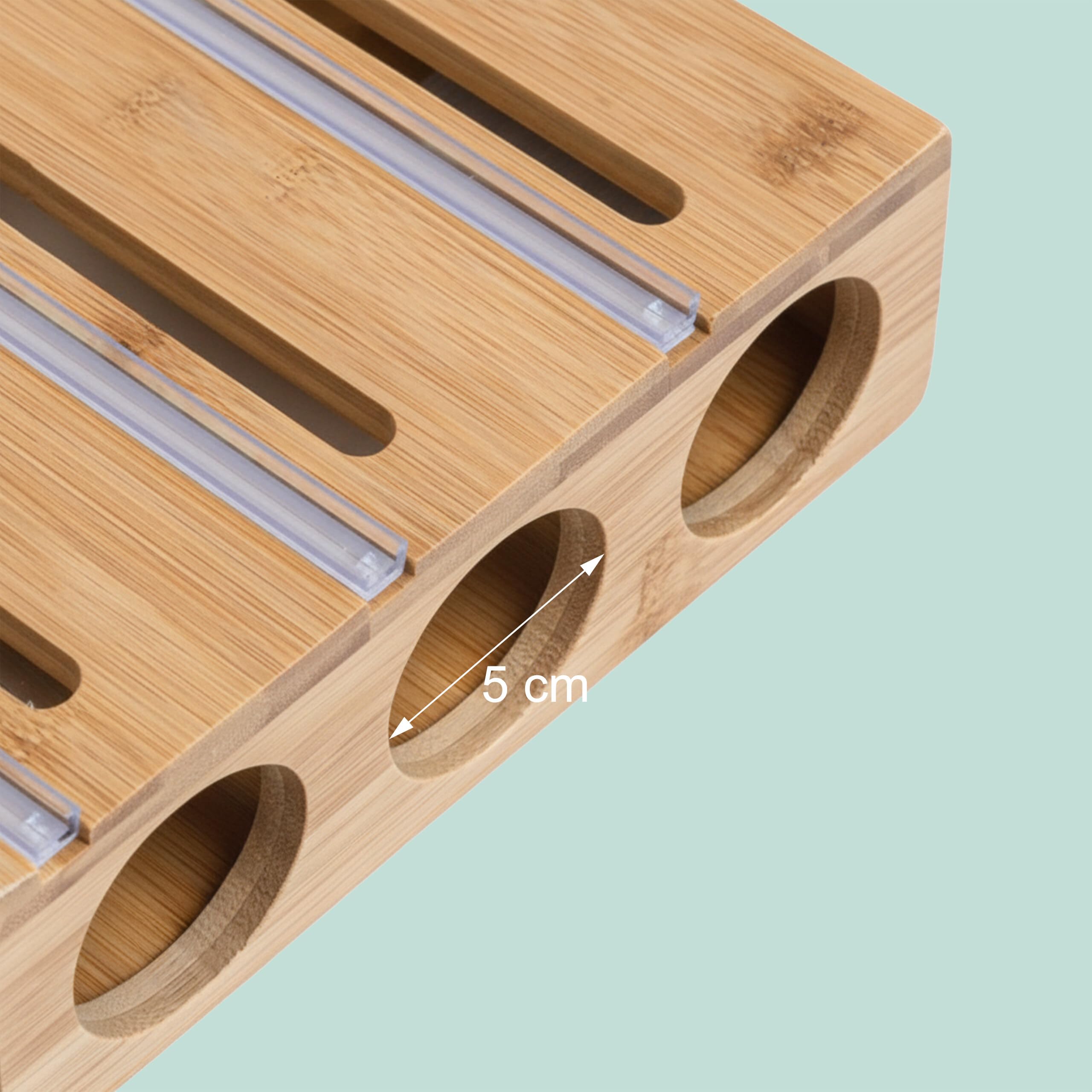 Relaxdays Dispenser per Pellicola, 3 Rotoli, cassetto, bambù, 22 x 33,5 x 7 cm, taglierina Cucina, Naturale