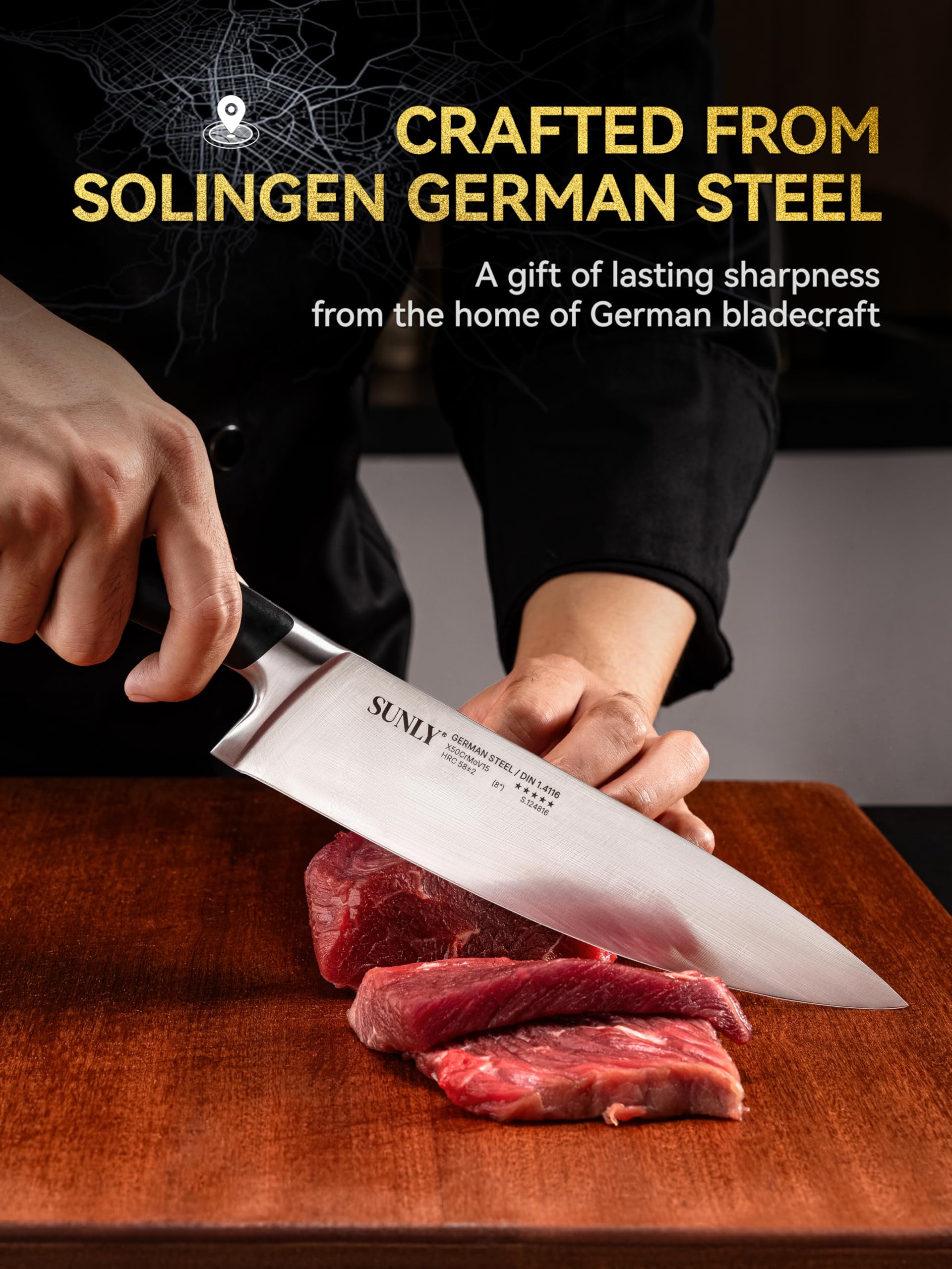 SUNLY Chef Knife, 8 Inch Professional Kitchen Knife with German 1.4116 Stainless Steel, 58±2 HRC Hardness, Full-Tang Design, Anti-Slip Handle for Meat, Fruits, Vegetables, Gift-Ready Magnetic Box — Amazon image 2