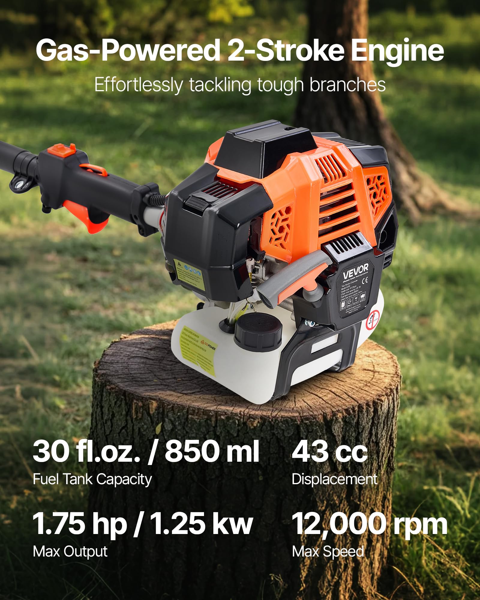 VEVOR Élagueuse Thermique sur Perche à 2 Temps, 43 cc, Élagueuse sans Fil à Essence, avec Perche Extensible 2,08-3,58 m, Guide-chaîne 25,4 cm, Réservoir de Carburant 850 ml, pour Élagage des Arbres
