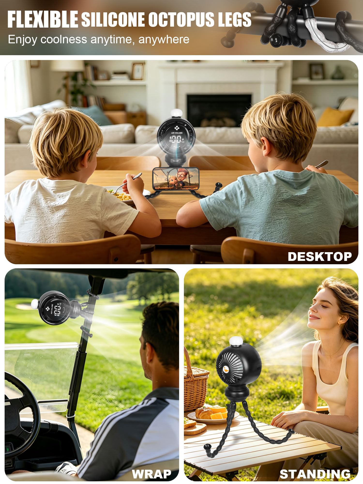 Ventilador portátil para cochecito de bebé, ventilador de trípode flexible con clip, luz nocturna de 3 LED, velocidad continua con pantalla, batería de larga duración, ventiladores de refrigeración de