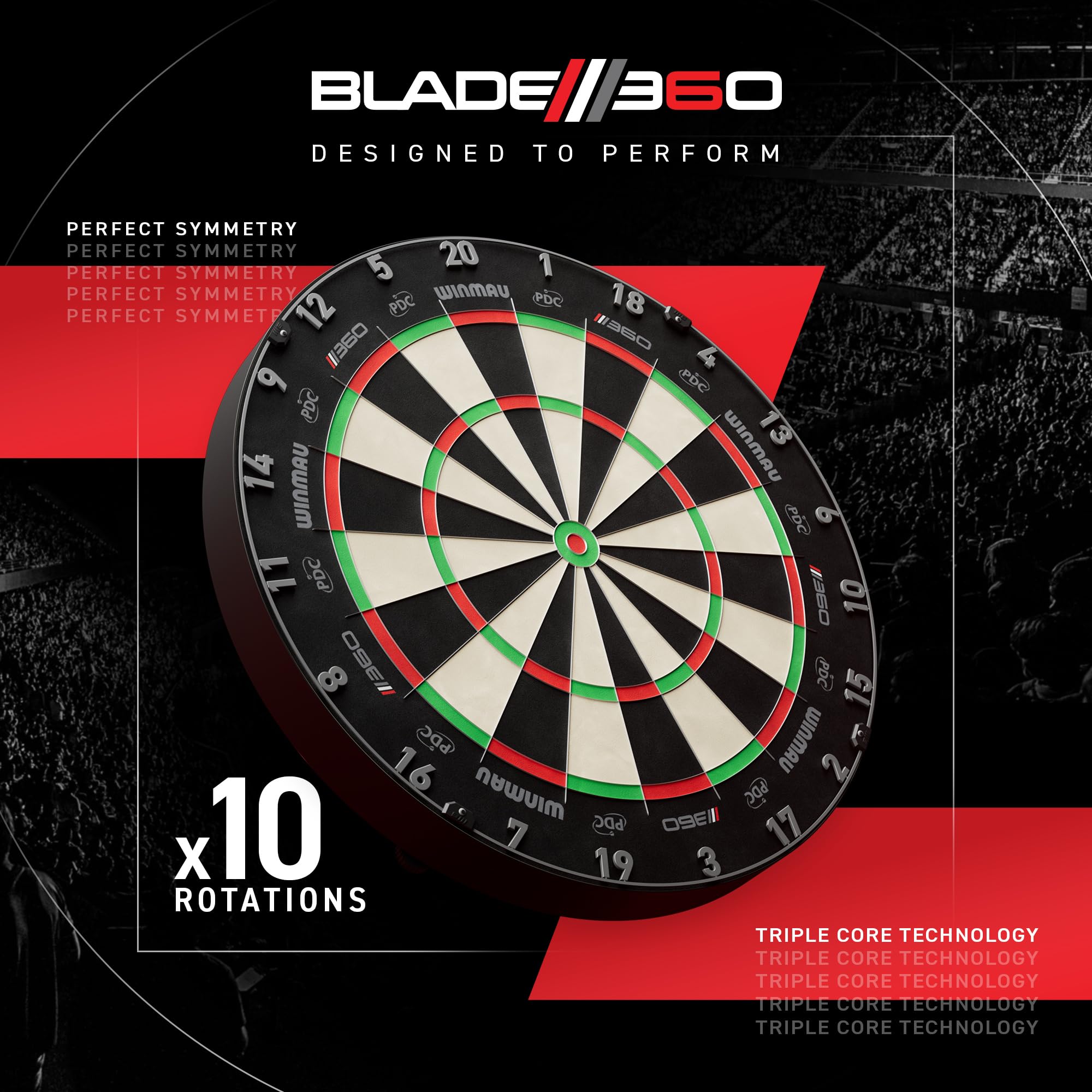 WINMAU - Blade 360 Bersaglio per freccette - Triple Core Carbon -Rotazione Completa -Grafica Simmetrica - Bersaglio professionale PDC con specifiche ufficiali per tornei per gli appassionati freccette