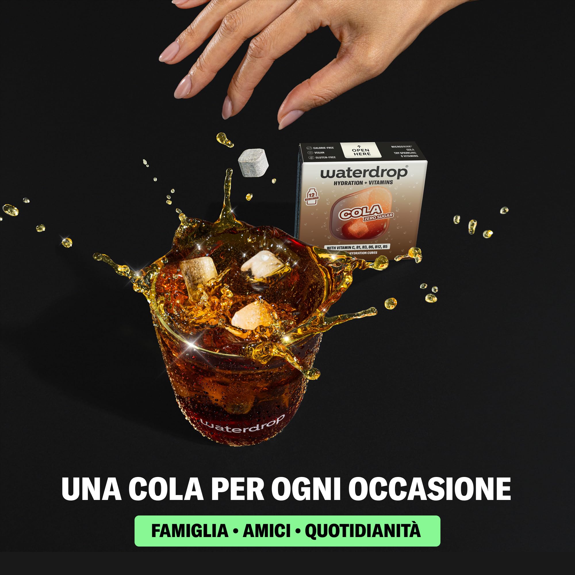 waterdrop® Cola Nuova Ricetta - Bevanda senza zucchero - 36 cubi per acqua naturale o frizzante - Gusto cola classico, fresco e leggero - Zero calorie, con vitamine - Alternativa alle bibite gassate