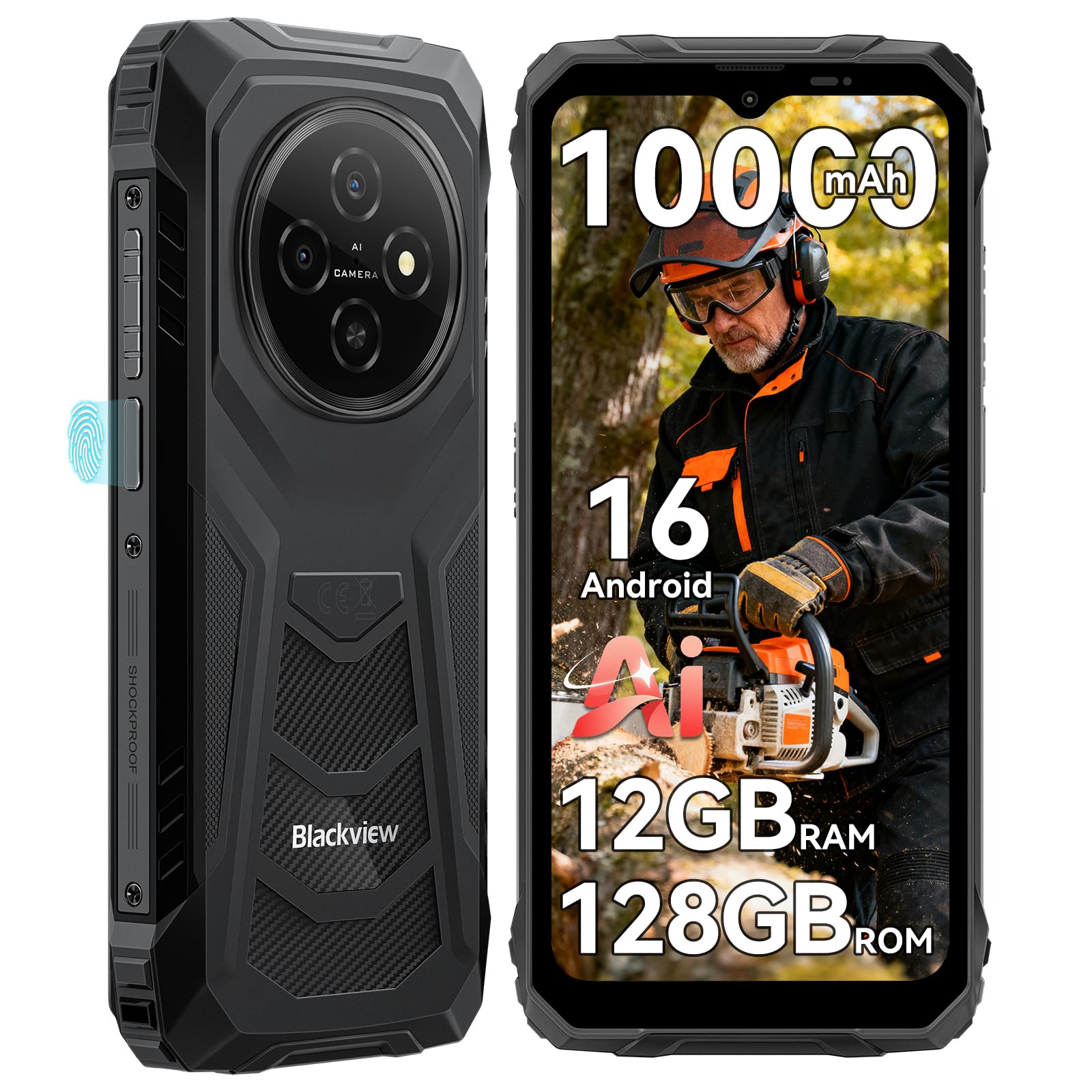 Blackview Android 16 Outdoor Smartphone,10000mAh Outdoor Handy Ohne Vertrag 12GB+128GB/2TB, Gemini AI 6.56‘’ 90Hz Baustellenhandy,NFC/FOTA/390g/DREI Kartenfächer/Fingerabdruck/IP69K Wasserdicht