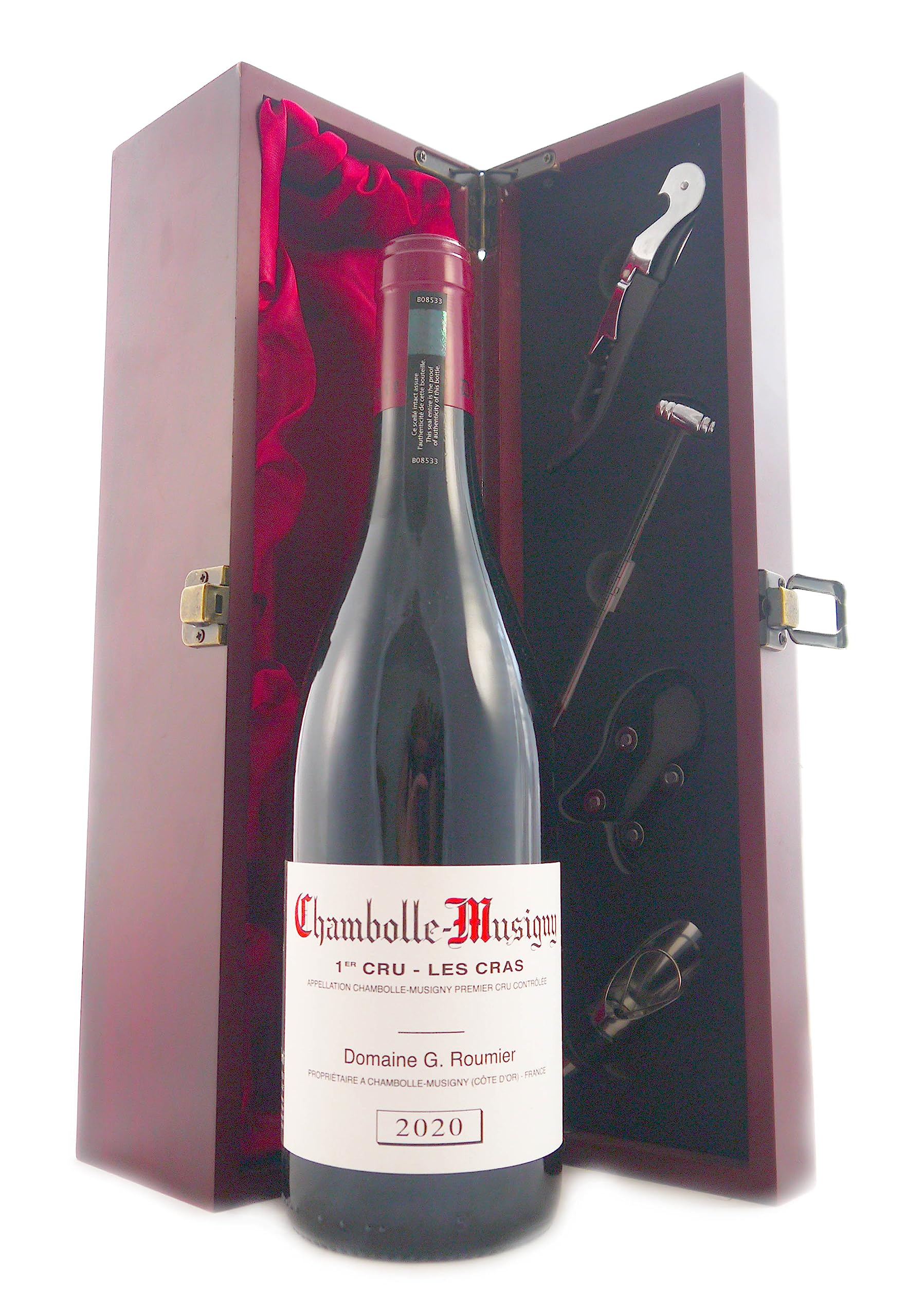 Chambolle Musigny 1er Cru 'Les Cras' 2020 Domaine Georges & Christophe Roumier vintage wine in a silk lined wooden box with four wine accessories, 1 x 750ml